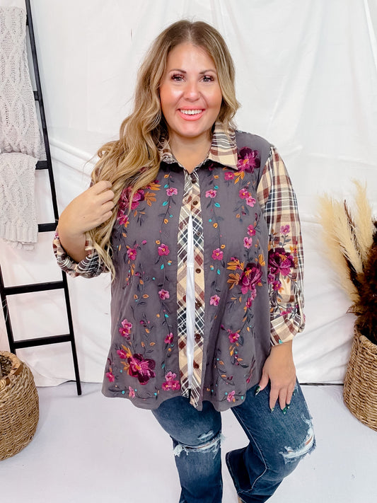 Plaid Button Down Embroidered Top - Whiskey Skies - ANDREE BY UNIT