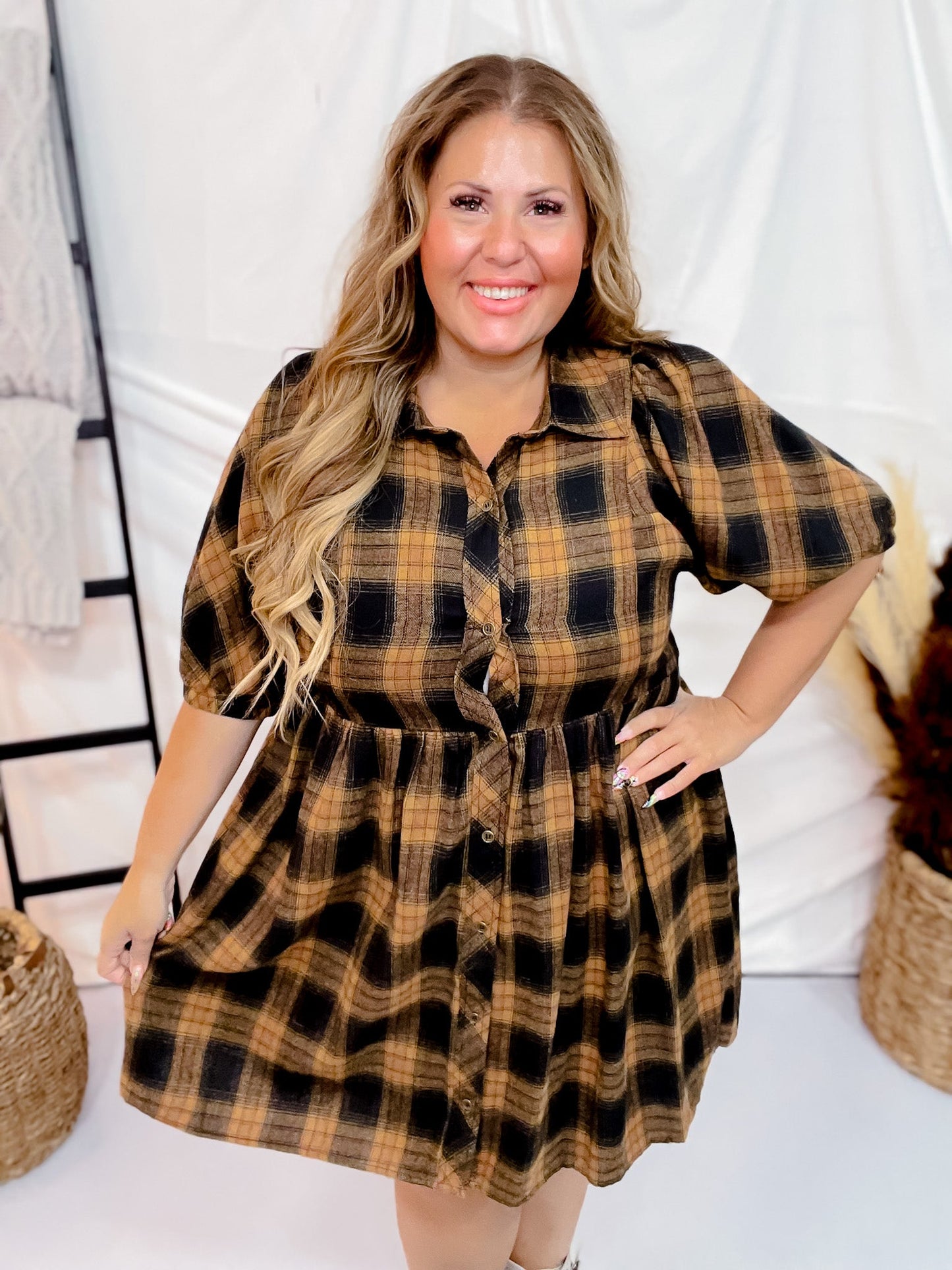 Plaid Button Down Flannel Dress - Whiskey Skies - ENTRO