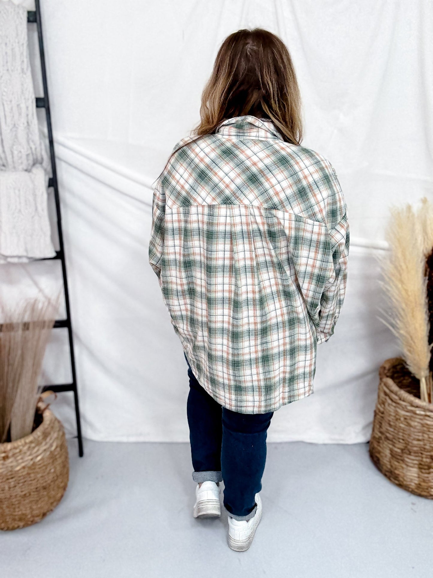 Plaid Button Down Shirt W/ Floral Patch Embroidery - Whiskey Skies - ODDI