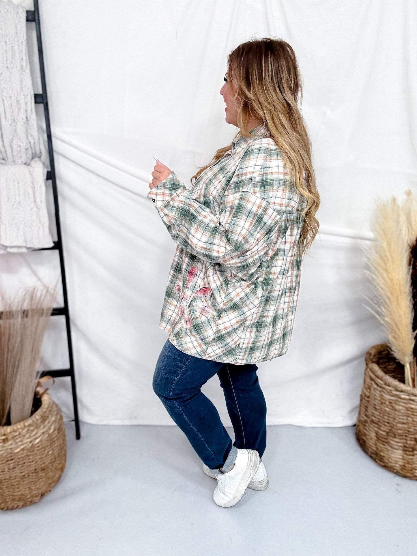 Plaid Button Down Shirt W/ Floral Patch Embroidery - Whiskey Skies - ODDI