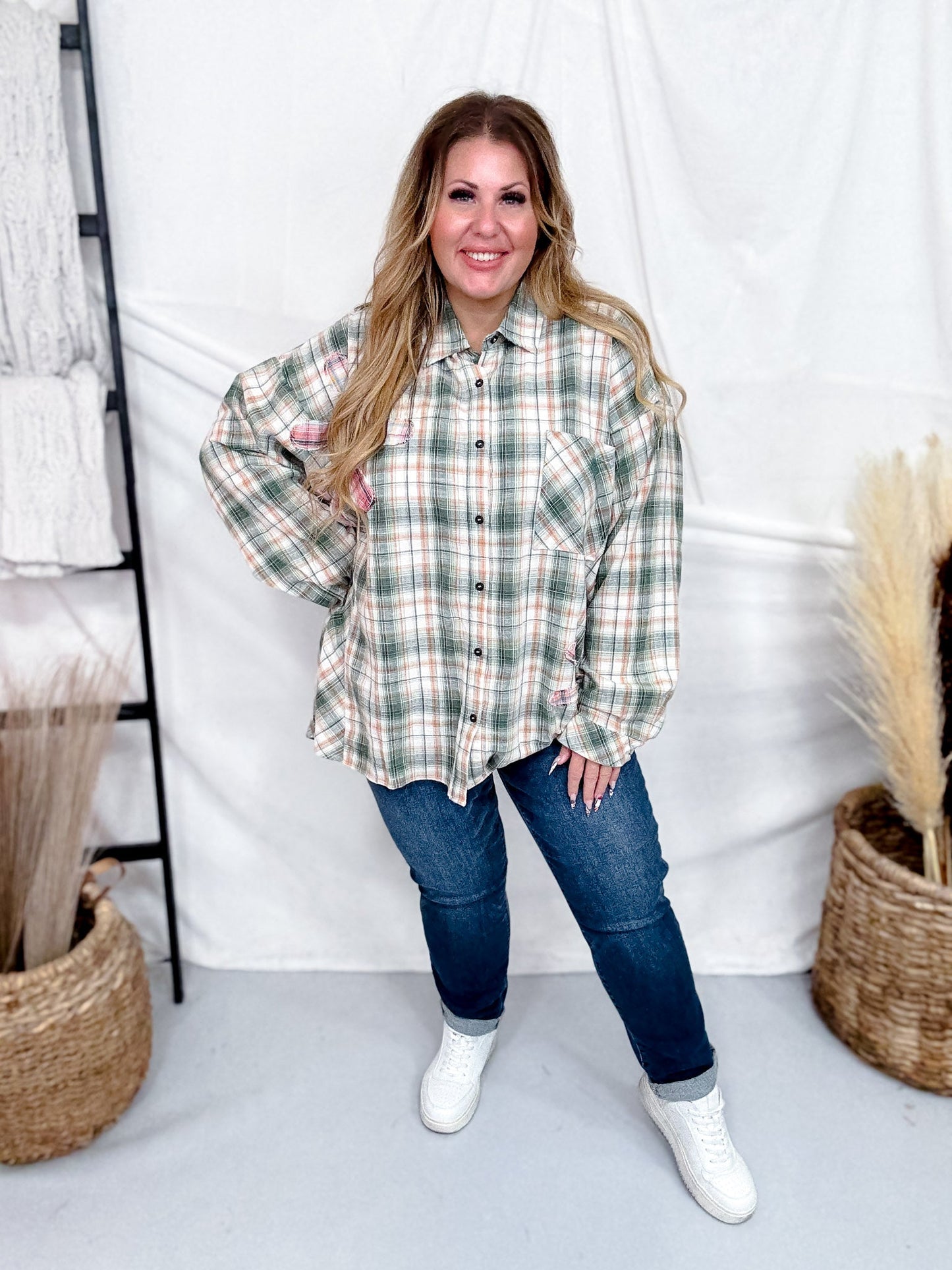 Plaid Button Down Shirt W/ Floral Patch Embroidery - Whiskey Skies - ODDI