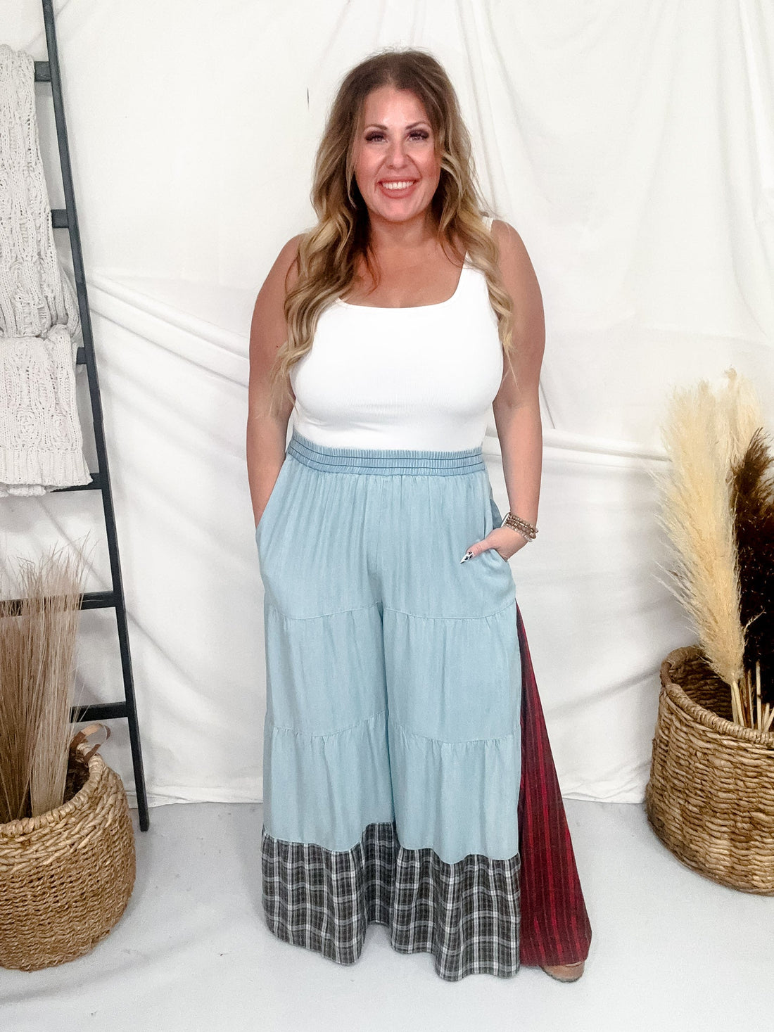 Plaid & Chambray Tiered Wide Leg Elastic Waist Pants - Whiskey Skies - ODDI