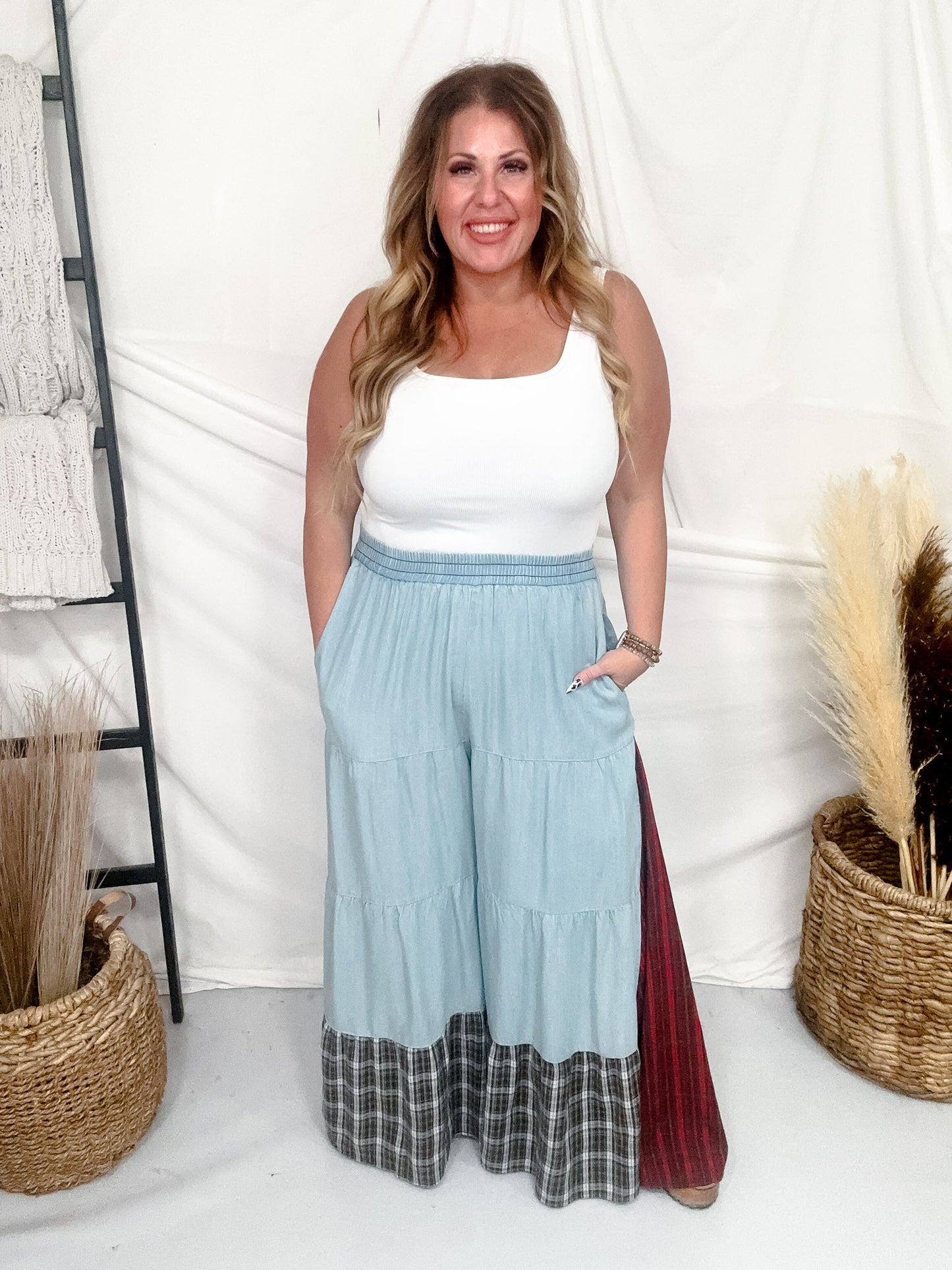 Plaid & Chambray Tiered Wide Leg Elastic Waist Pants - Whiskey Skies - ODDI