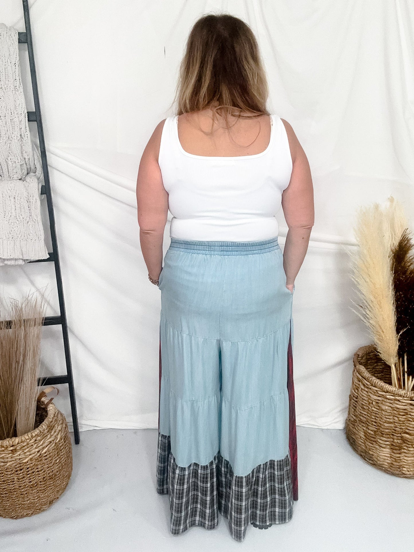 Plaid & Chambray Tiered Wide Leg Elastic Waist Pants - Whiskey Skies - ODDI