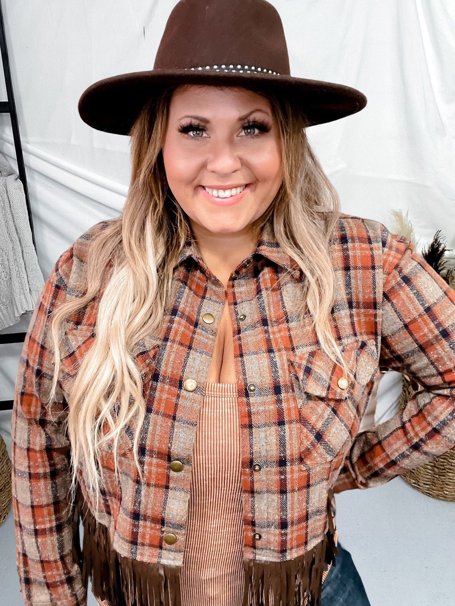 Plaid Cropped Shirt Jacket - Whiskey Skies - KORI AMERICA