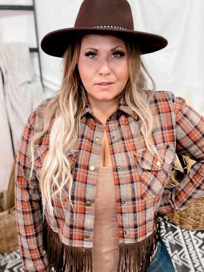 Plaid Cropped Shirt Jacket - Whiskey Skies - KORI AMERICA