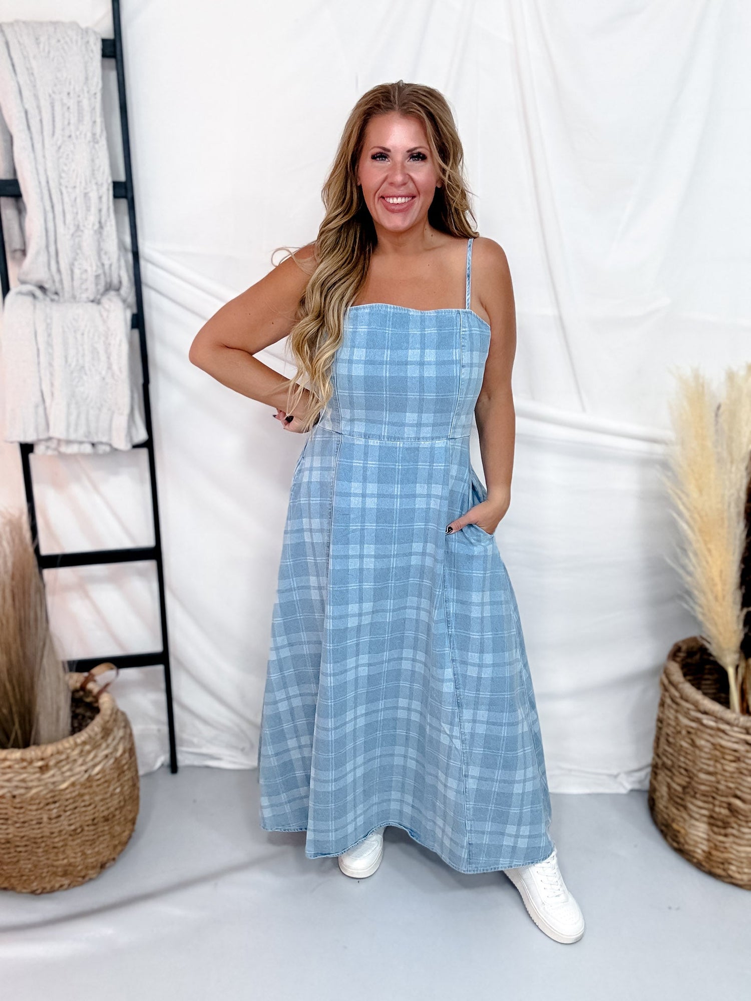Plaid Denim Spaghetti Strap Midi Dress FINAL SALE LARGE