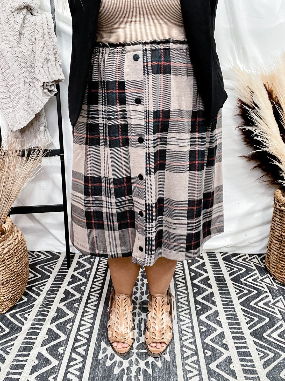 Plaid Elastic Waist Skirt - Whiskey Skies - BLUMIN