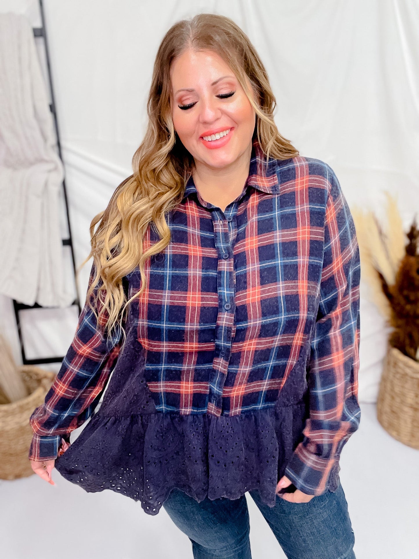 Plaid Eyelet Lace Button Front Top - Whiskey Skies - ODDI