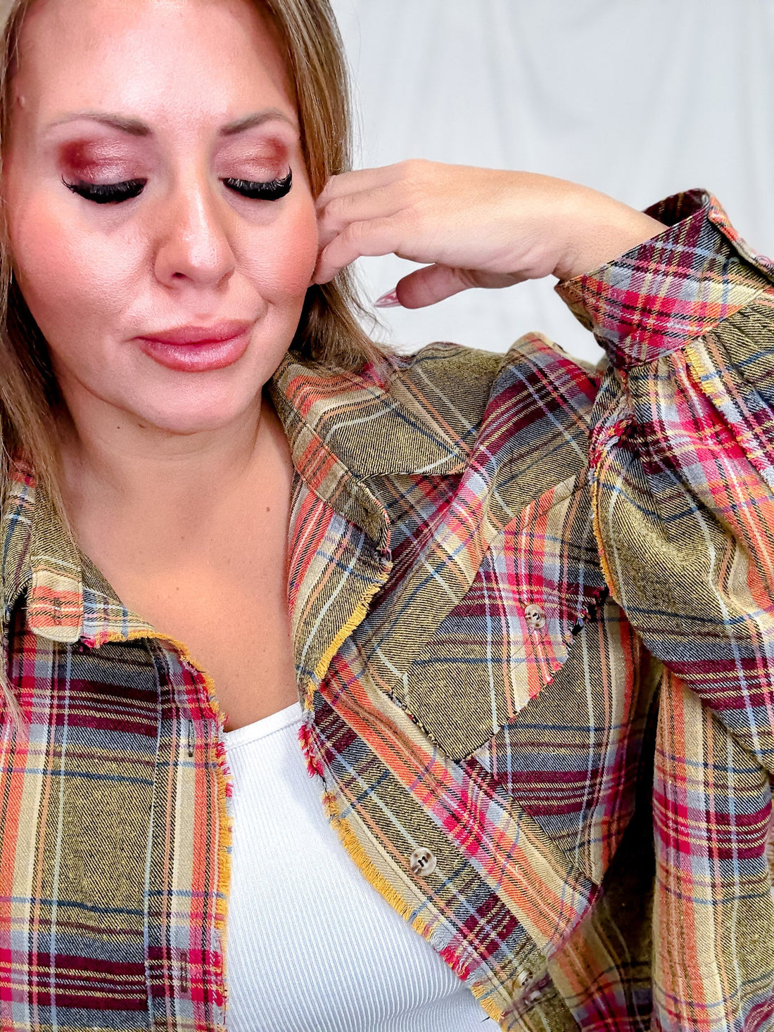 Plaid Flannel Button Down Shirt Dress In Golden Kiwi - Whiskey Skies - EASEL