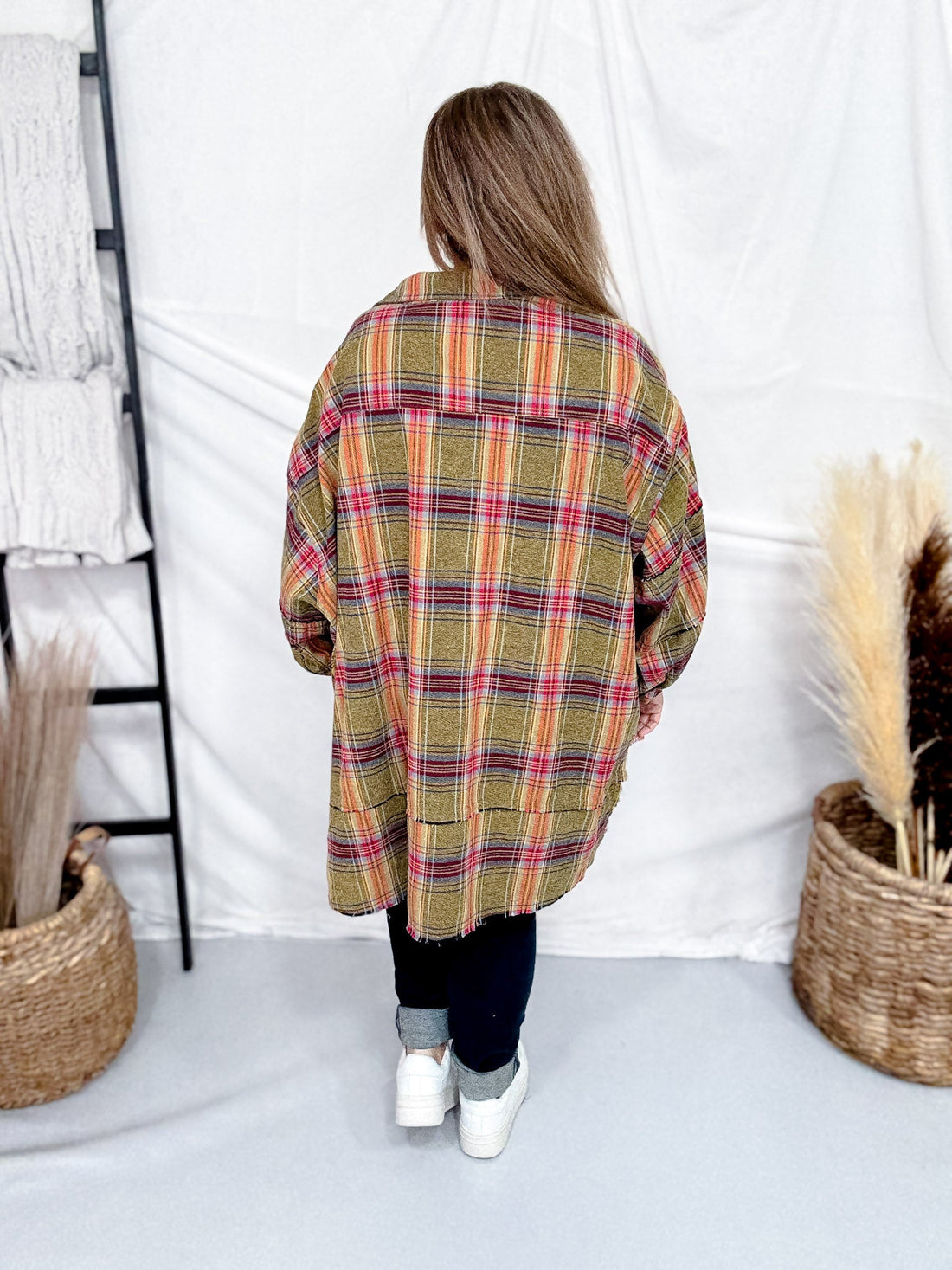 Plaid Flannel Button Down Shirt Dress In Golden Kiwi - Whiskey Skies - EASEL