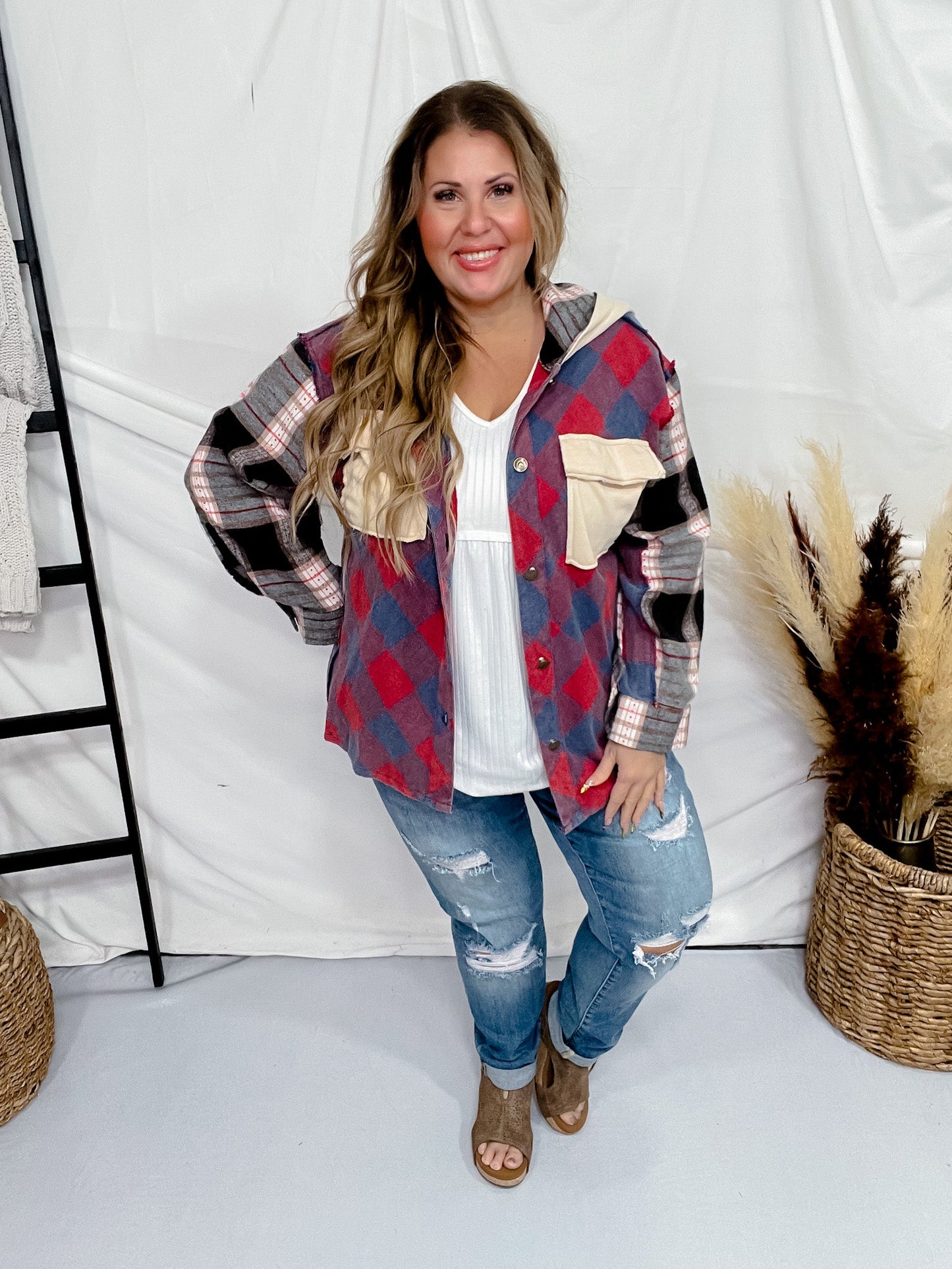 Plaid Flannel Button Up with Contrasting Hood - Whiskey Skies - WHITE BIRCH