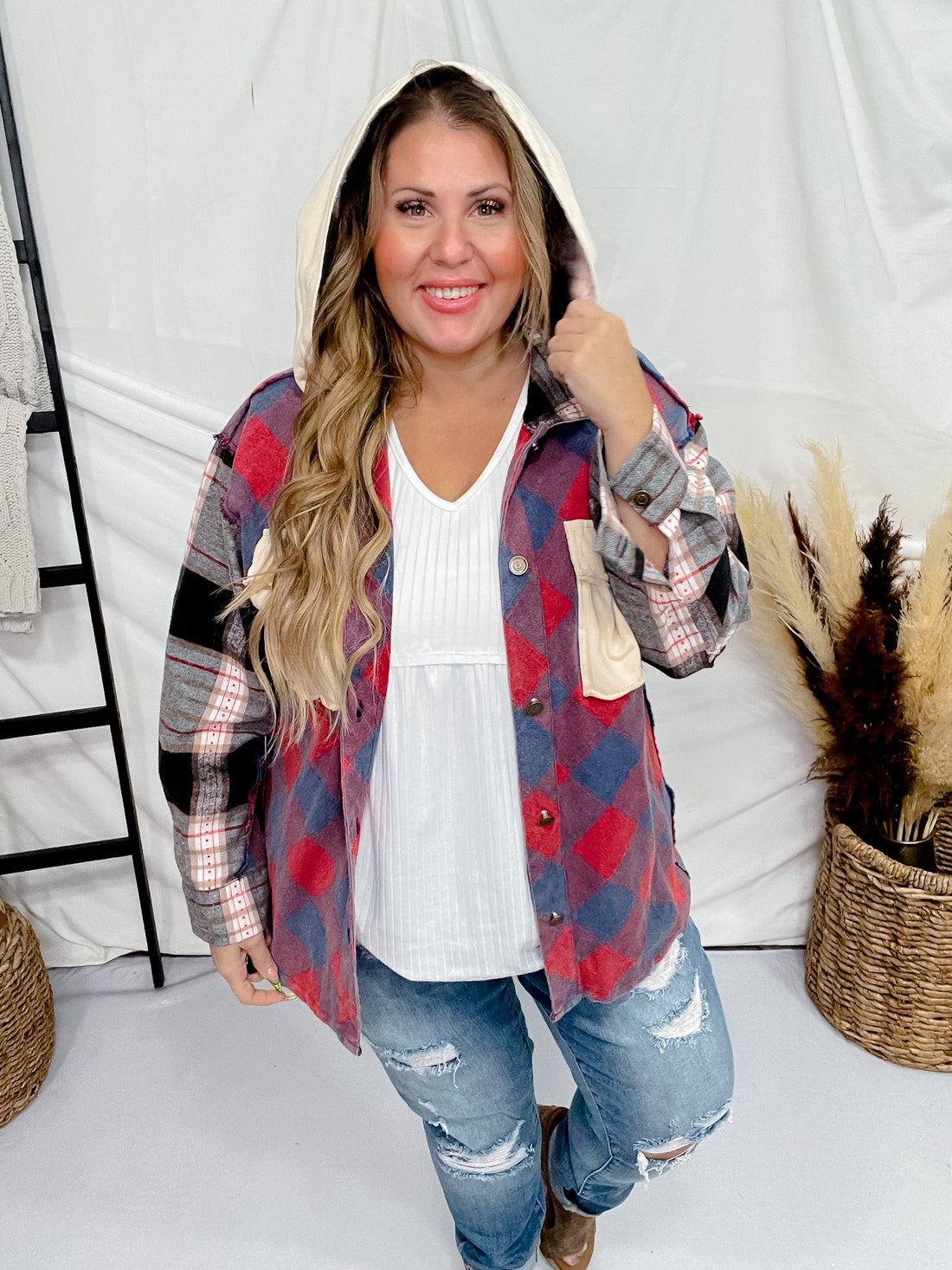 Plaid Flannel Button Up with Contrasting Hood - Whiskey Skies - WHITE BIRCH