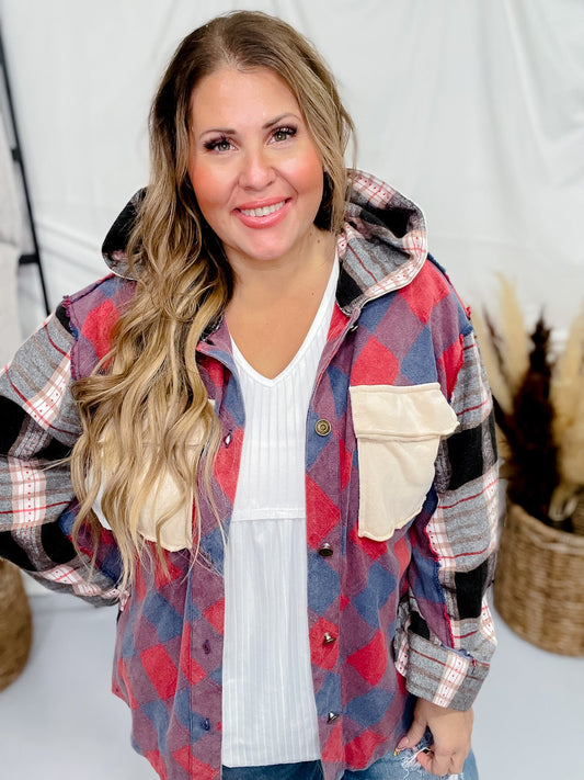 Plaid Flannel Button Up with Contrasting Hood - Whiskey Skies - WHITE BIRCH