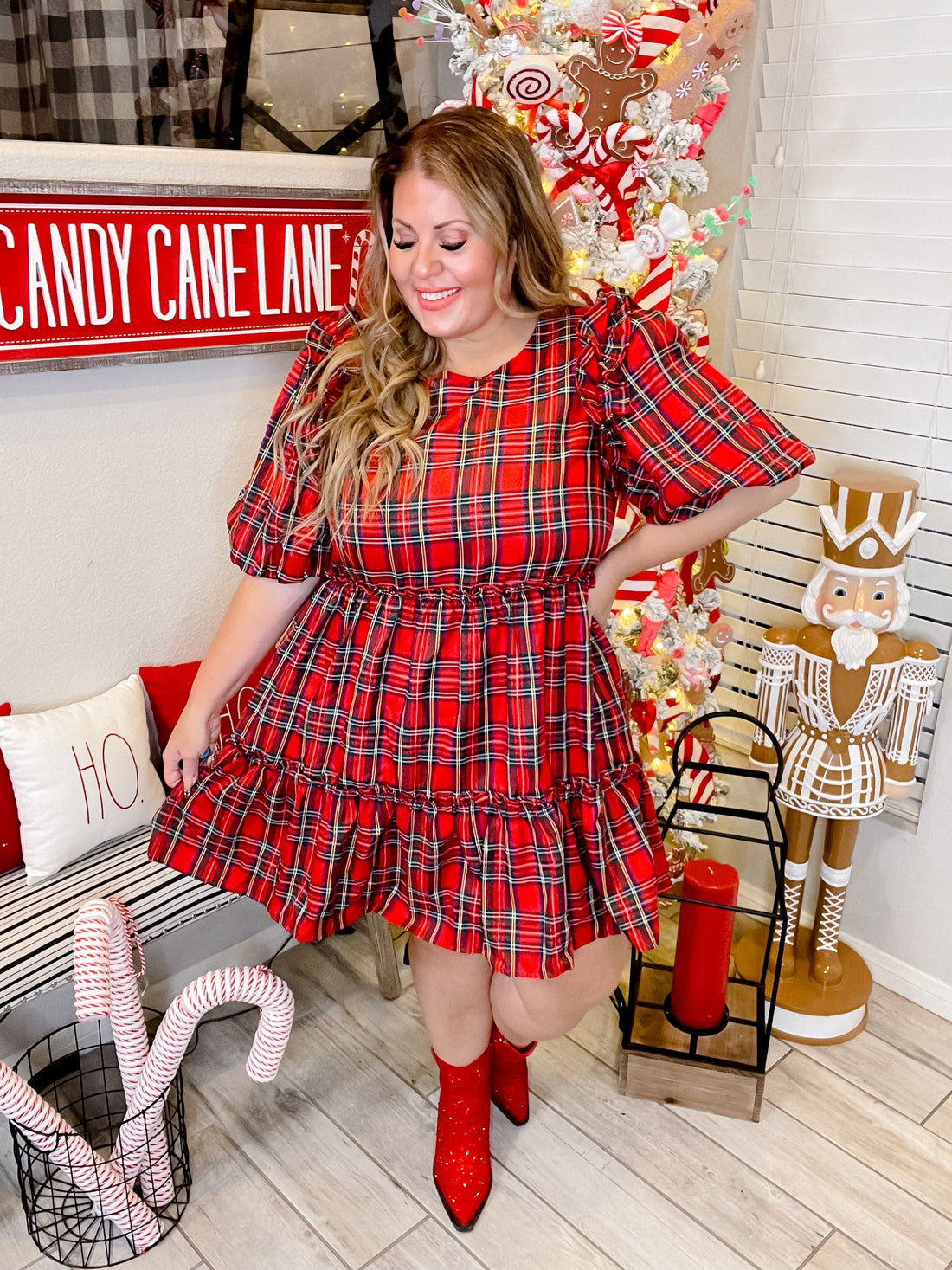 Plaid Short Sleeve Tiered Mini Dress - Whiskey Skies - ENTRO