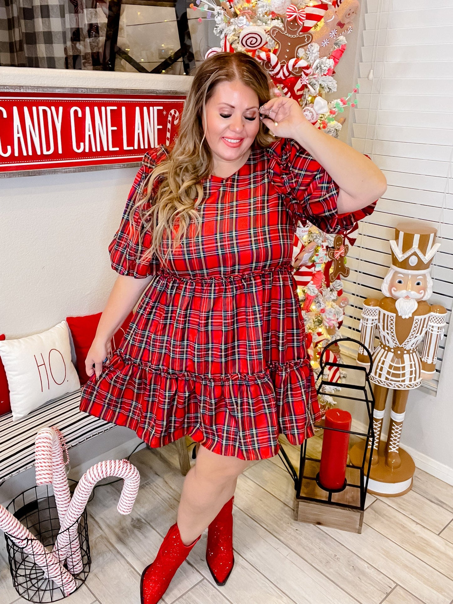 Plaid Short Sleeve Tiered Mini Dress - Whiskey Skies - ENTRO