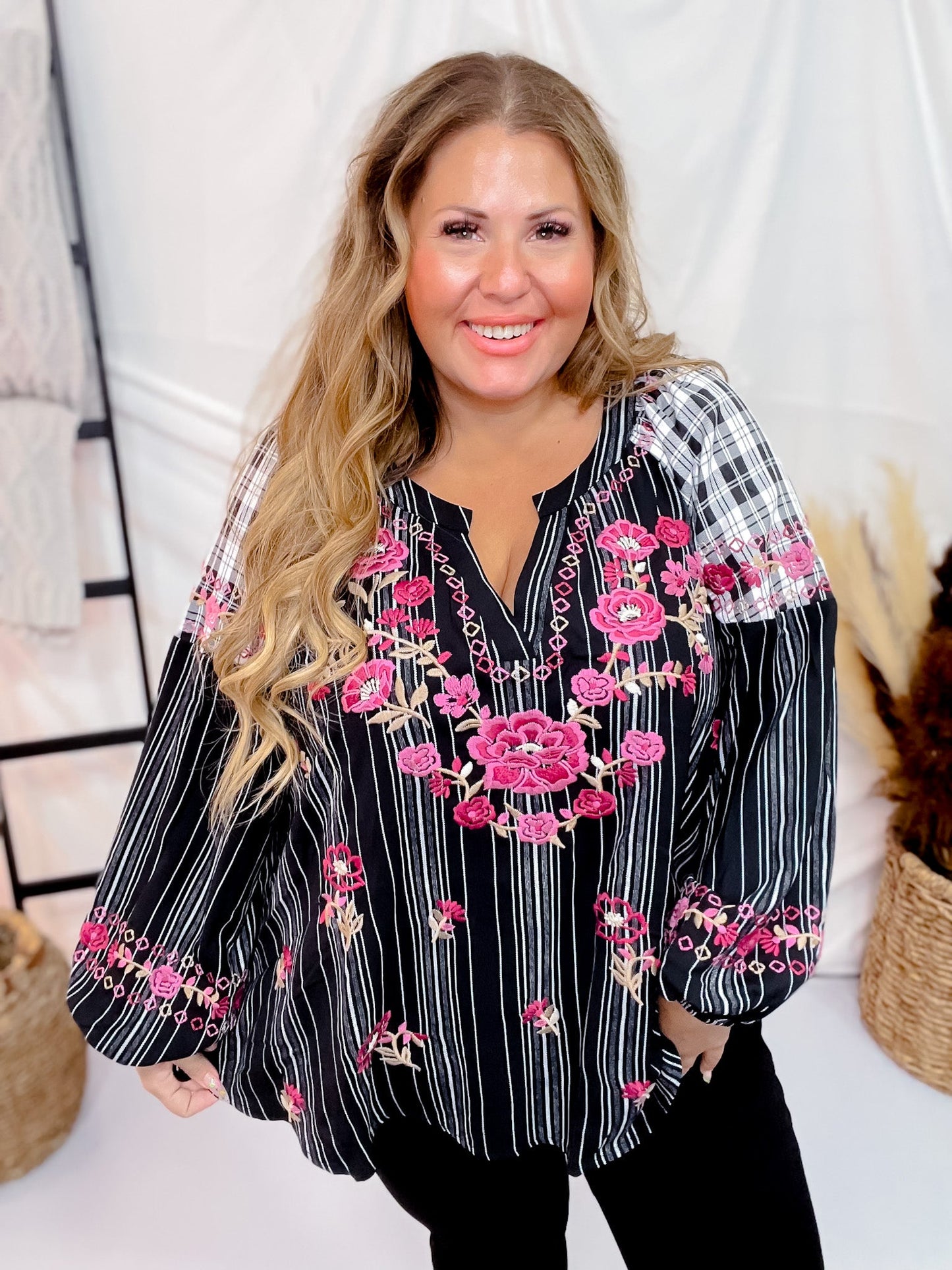 Plaid & Stripe Blouse with Embroidered Florals - Whiskey Skies - ANDREE BY UNIT