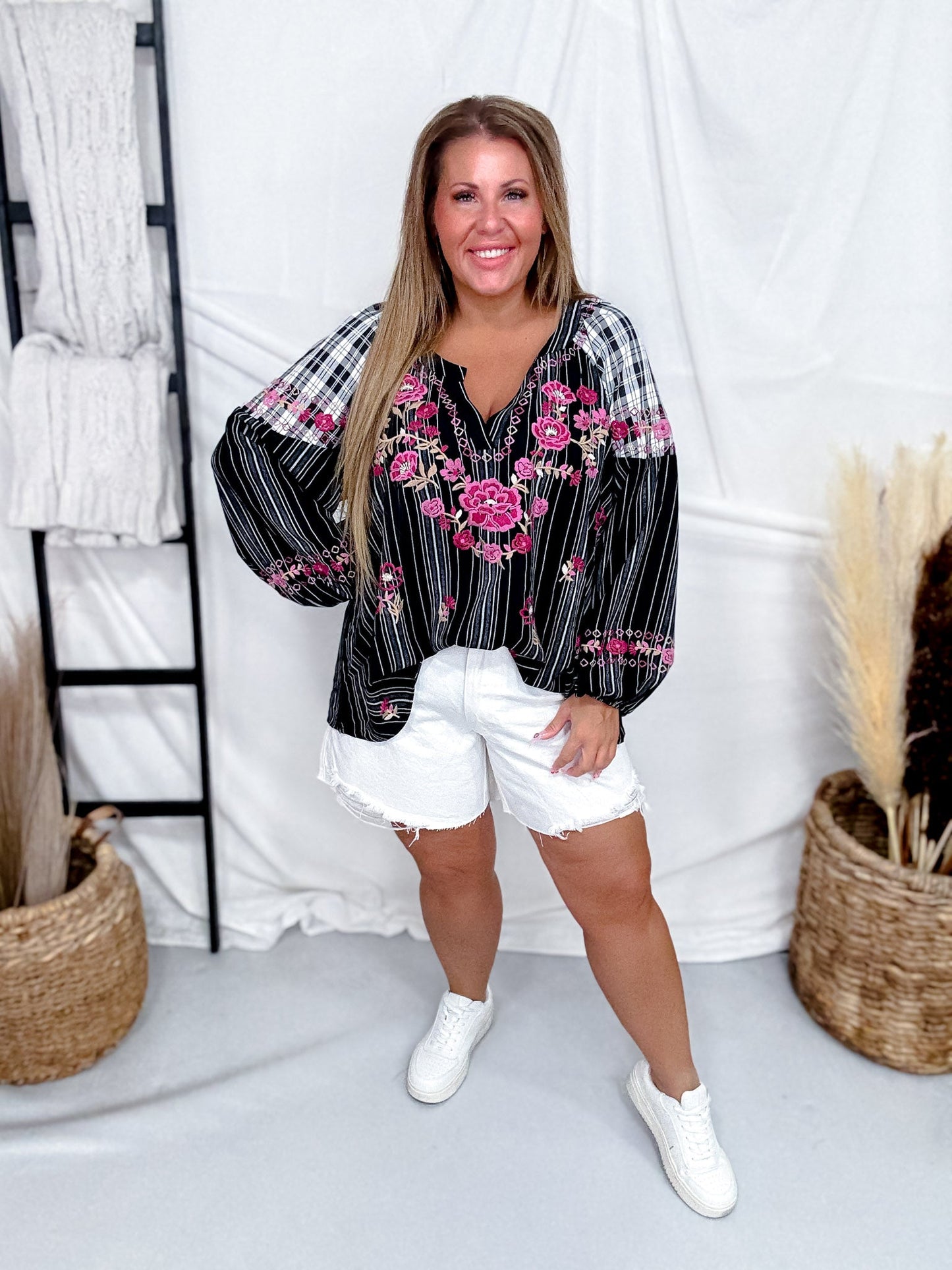 Plaid & Stripe Blouse with Embroidered Florals - Whiskey Skies - ANDREE BY UNIT