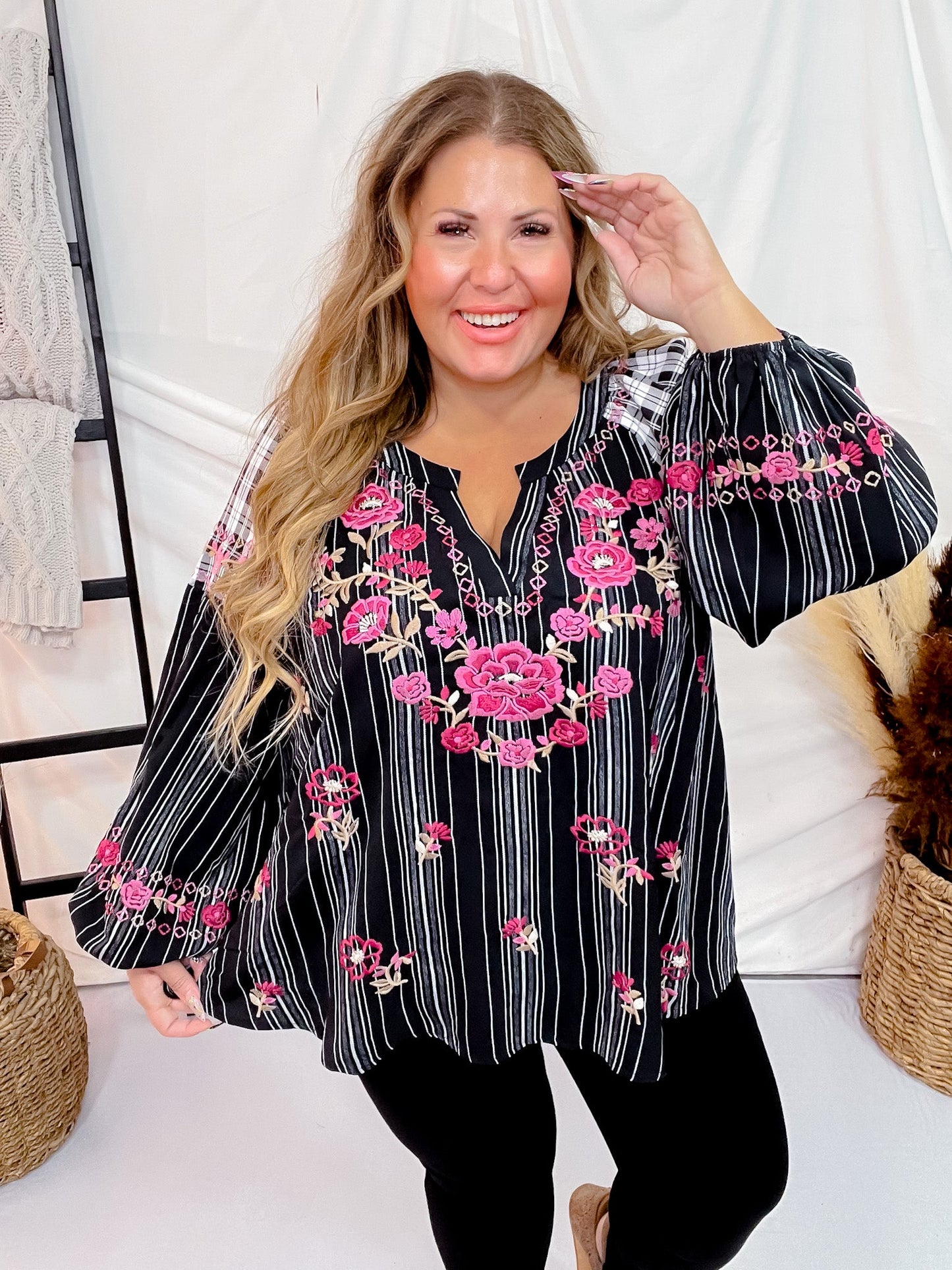 Plaid & Stripe Blouse with Embroidered Florals - Whiskey Skies - ANDREE BY UNIT