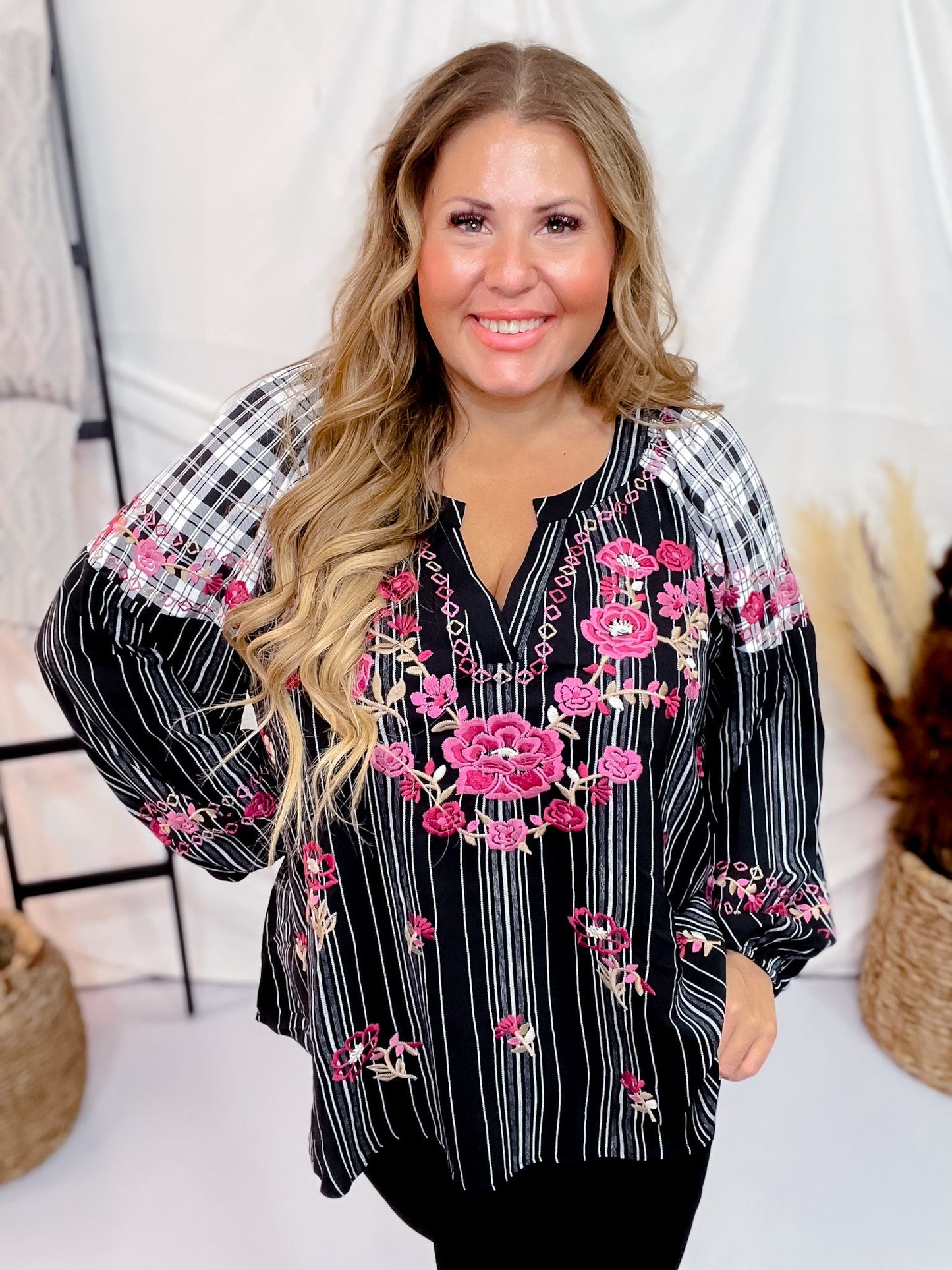 Plaid & Stripe Blouse with Embroidered Florals - Whiskey Skies - ANDREE BY UNIT