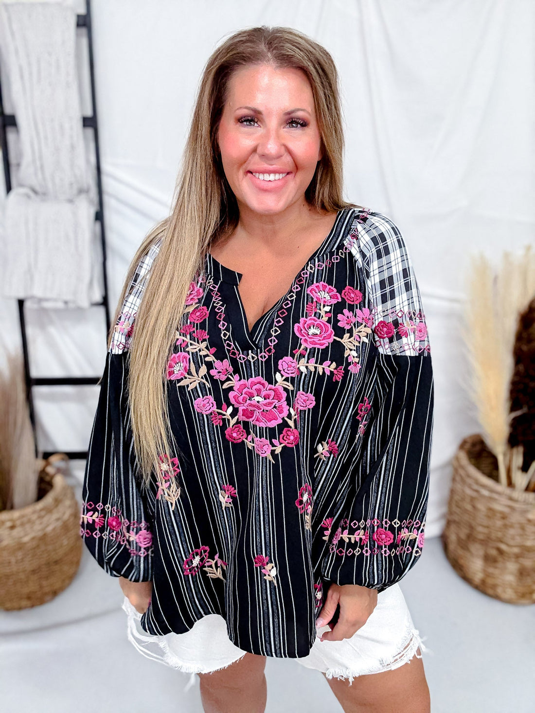 Plaid & Stripe Blouse with Embroidered Florals - Whiskey Skies - ANDREE BY UNIT
