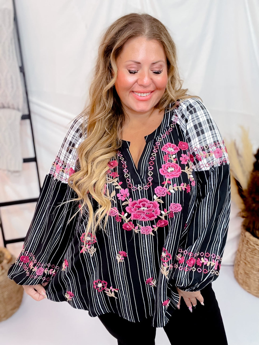 Plaid & Stripe Blouse with Embroidered Florals - Whiskey Skies - ANDREE BY UNIT