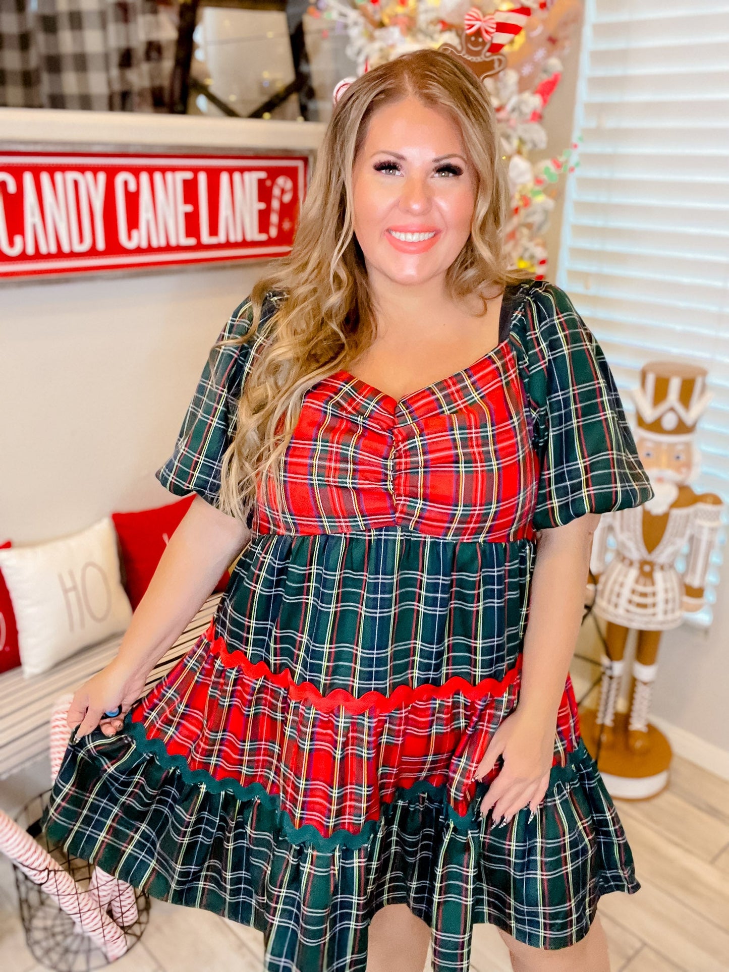 Plaid Sweetheart Neck Babydoll Dress W/ Bubble Sleeves - Whiskey Skies - ODDI