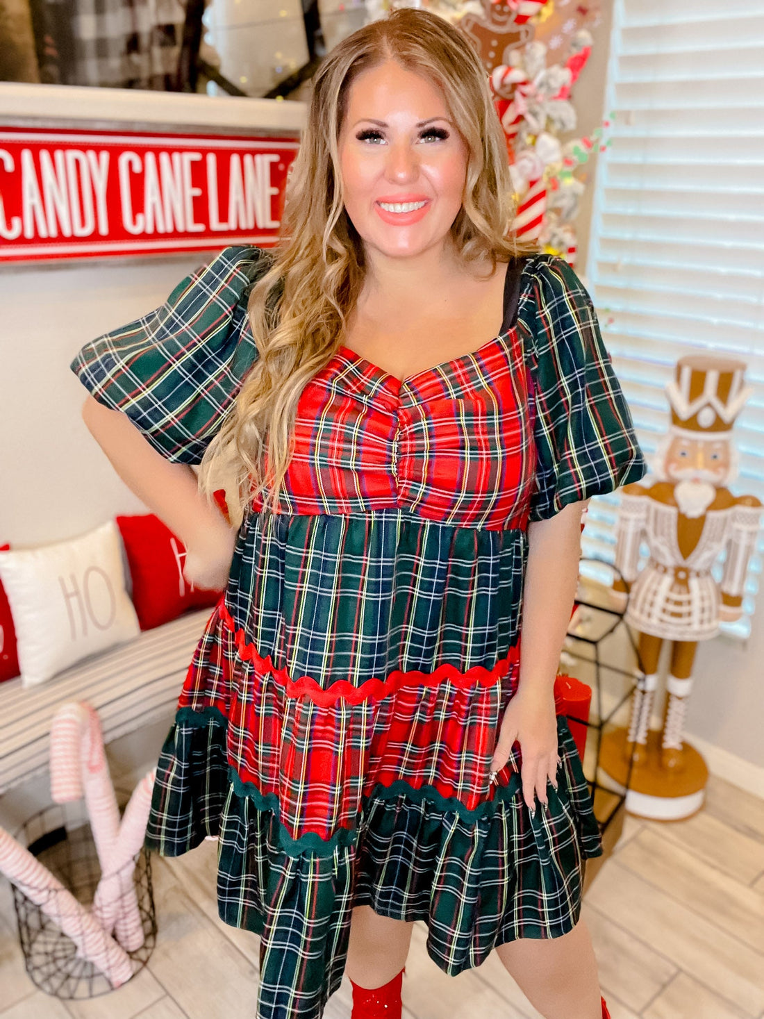 Plaid Sweetheart Neck Babydoll Dress W/ Bubble Sleeves - Whiskey Skies - ODDI