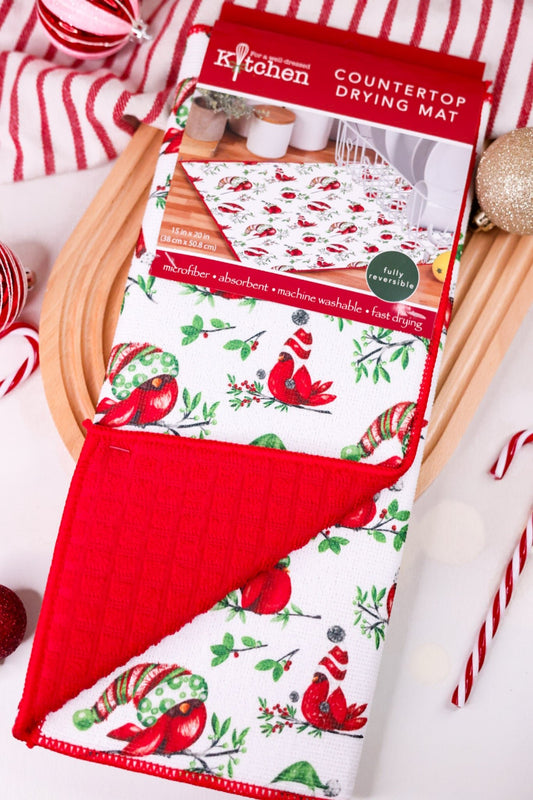 Playful Christmas Cardinal Kitchen Countertop Drying Mat - Whiskey Skies - KAY DEE DESIGNS