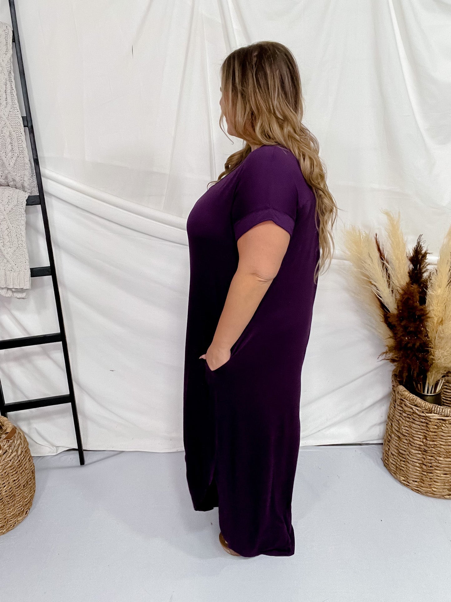 Plum Jersey Knit V - Neck Maxi Dress - Whiskey Skies - ENTRO