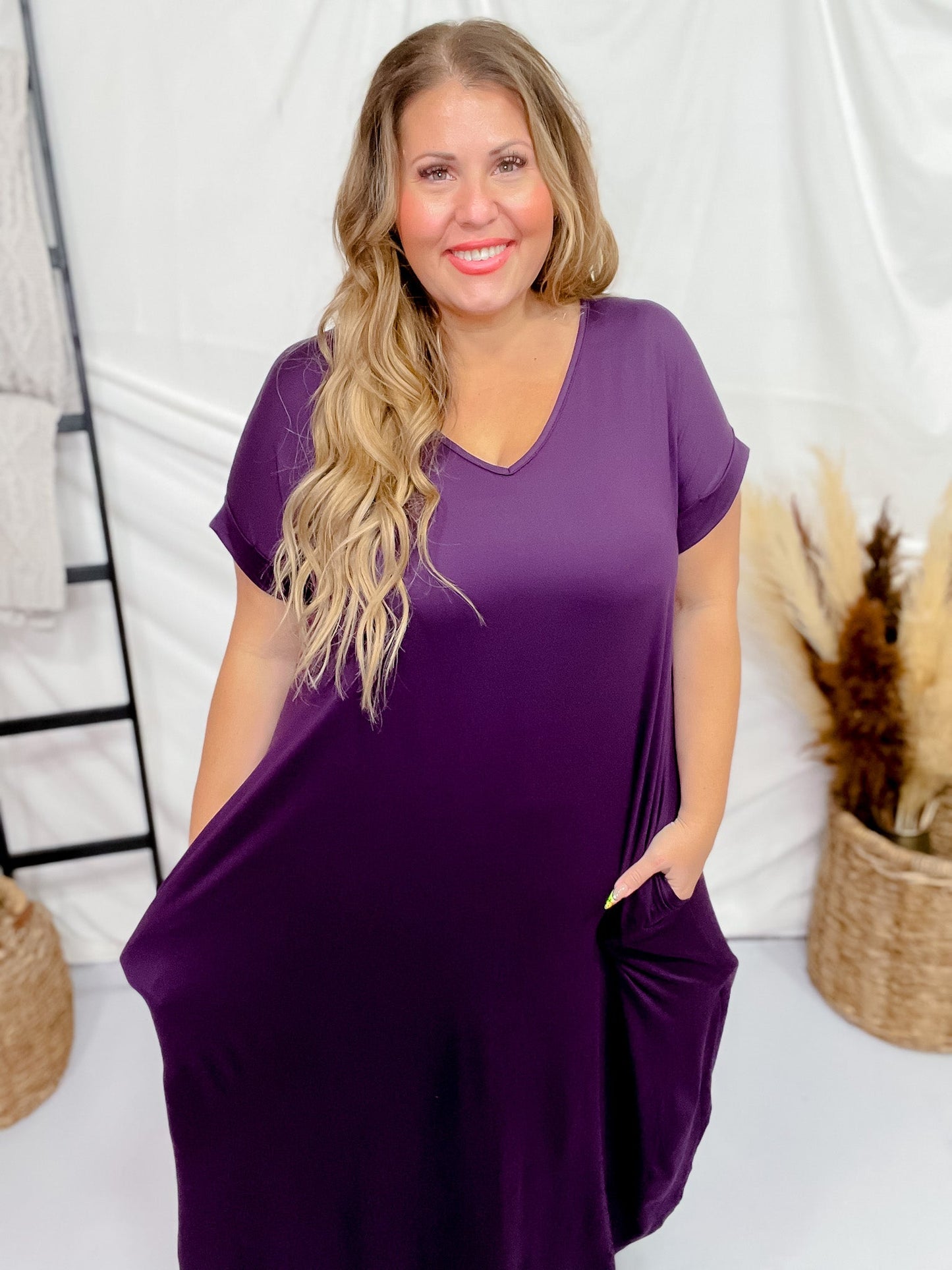 Plum Jersey Knit V - Neck Maxi Dress - Whiskey Skies - ENTRO