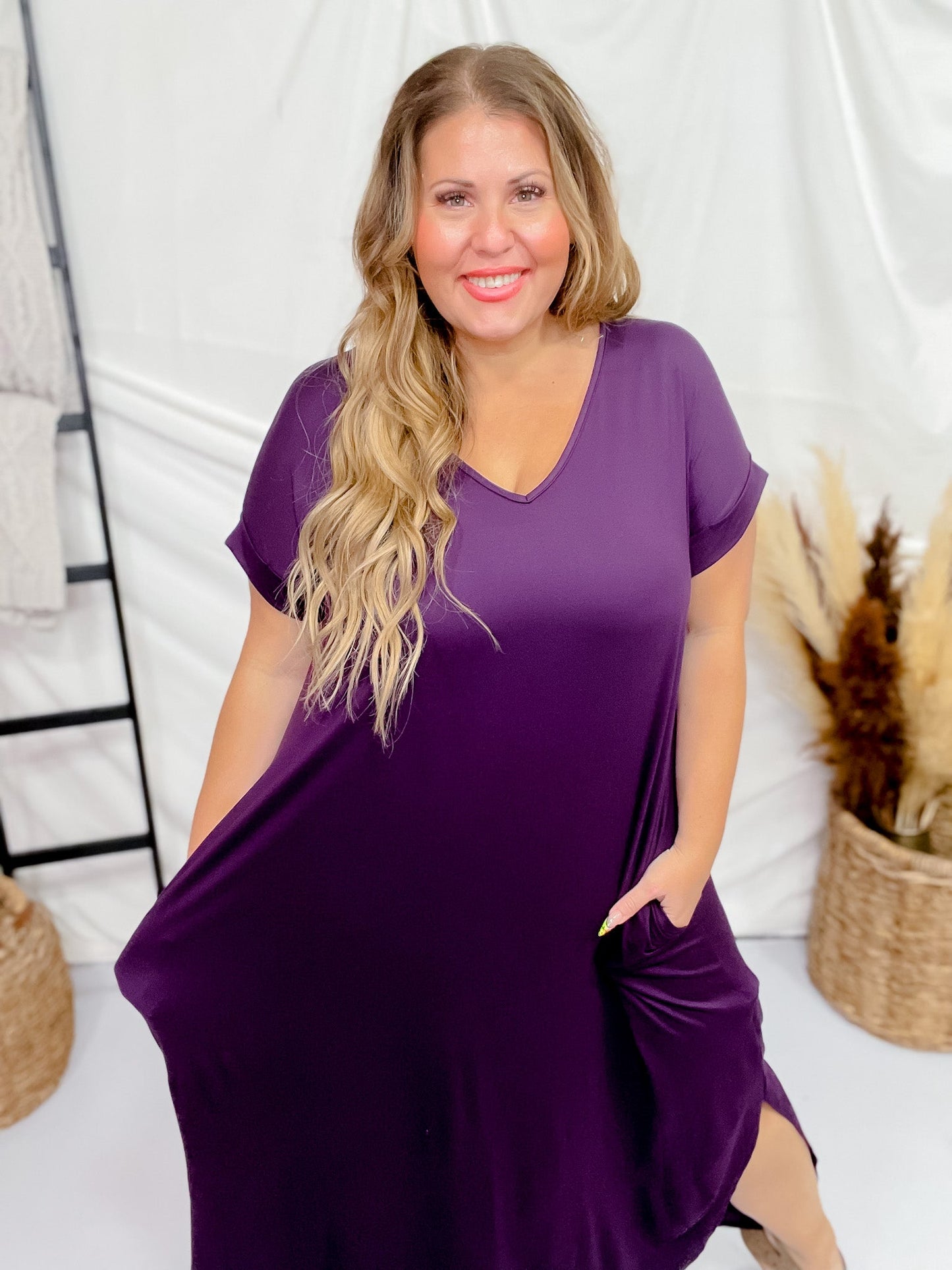 Plum Jersey Knit V - Neck Maxi Dress - Whiskey Skies - ENTRO