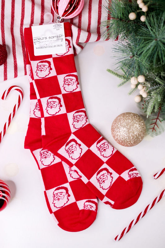 Plush Checkered Santa Clause Women's Crew Socks - Whiskey Skies - CRESCENT SOCK COMPANY