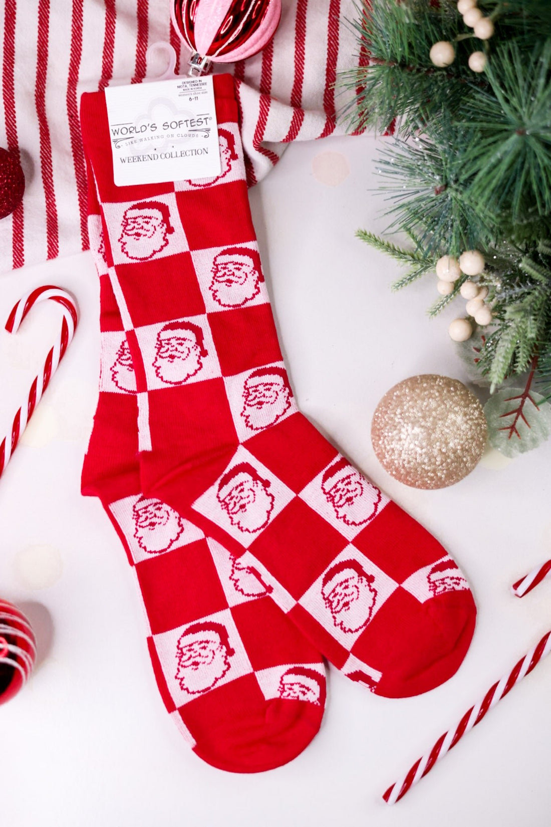 Plush Checkered Santa Clause Women's Crew Socks - Whiskey Skies - CRESCENT SOCK COMPANY