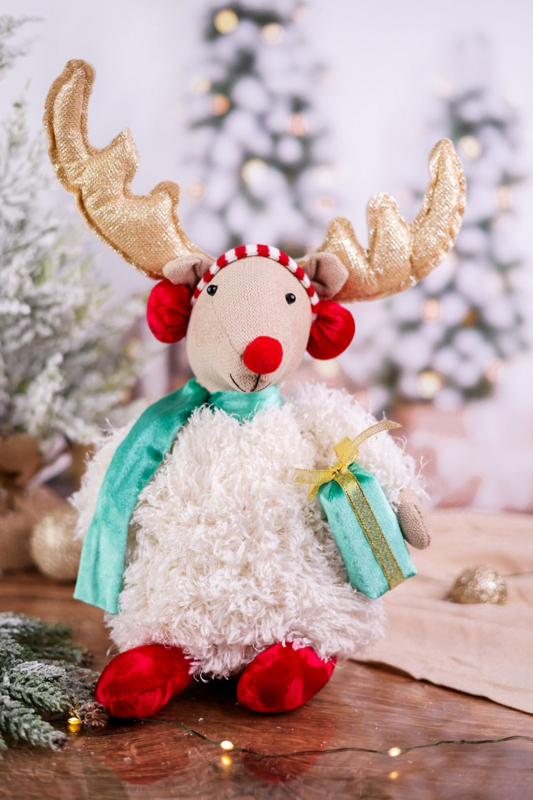 Plush Reindeer Sitter with Christmas Gift - Whiskey Skies - MELROSE INTL