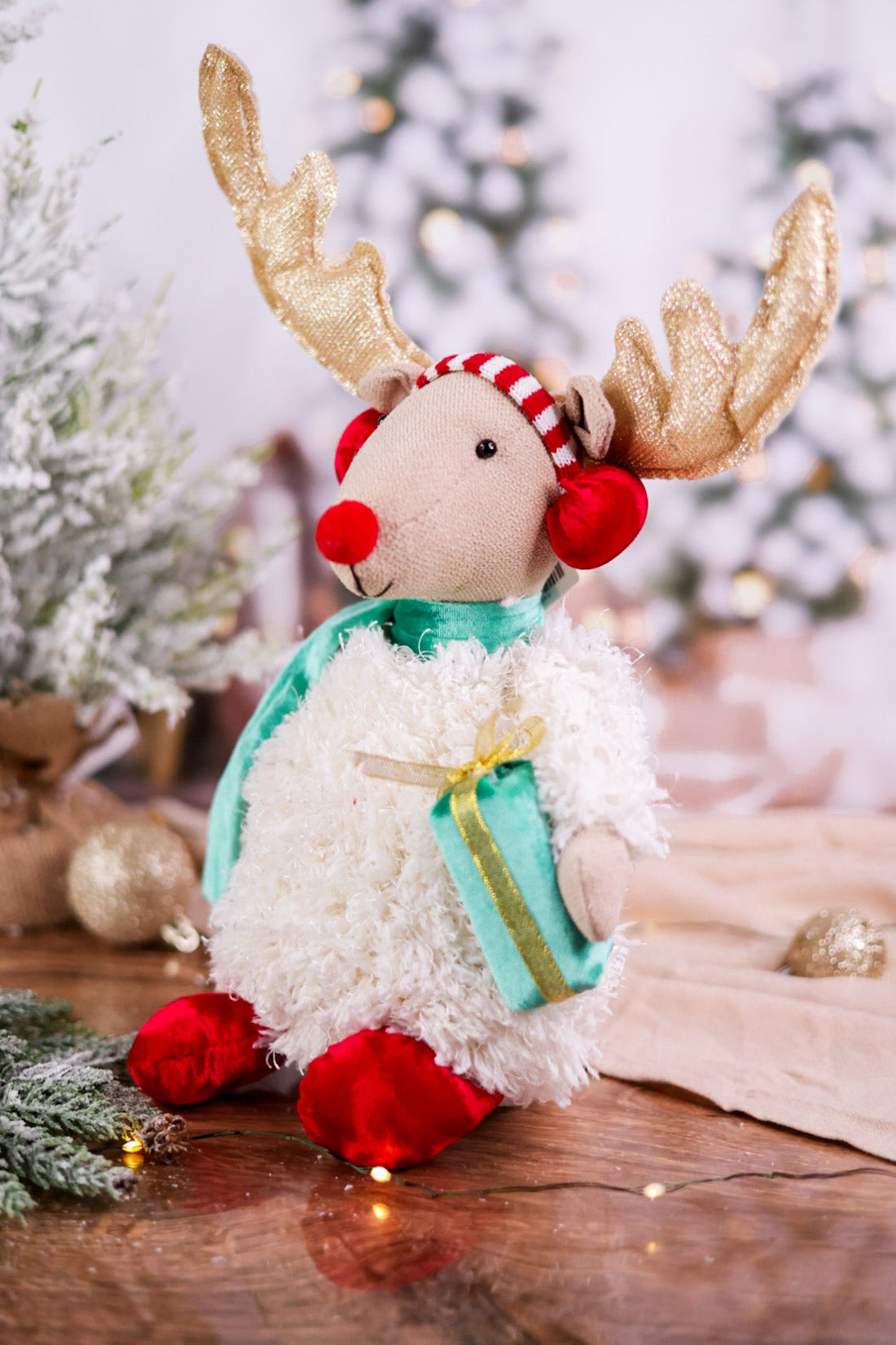 Plush Reindeer Sitter with Christmas Gift - Whiskey Skies - MELROSE INTL