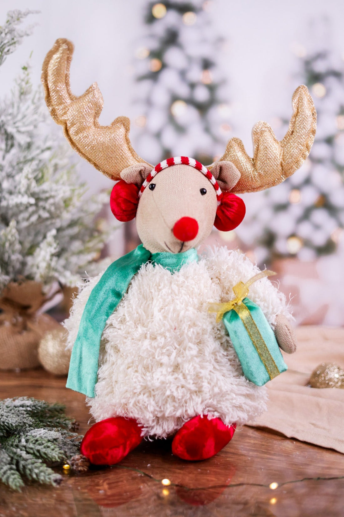 Plush Reindeer Sitter with Christmas Gift - Whiskey Skies - MELROSE INTL