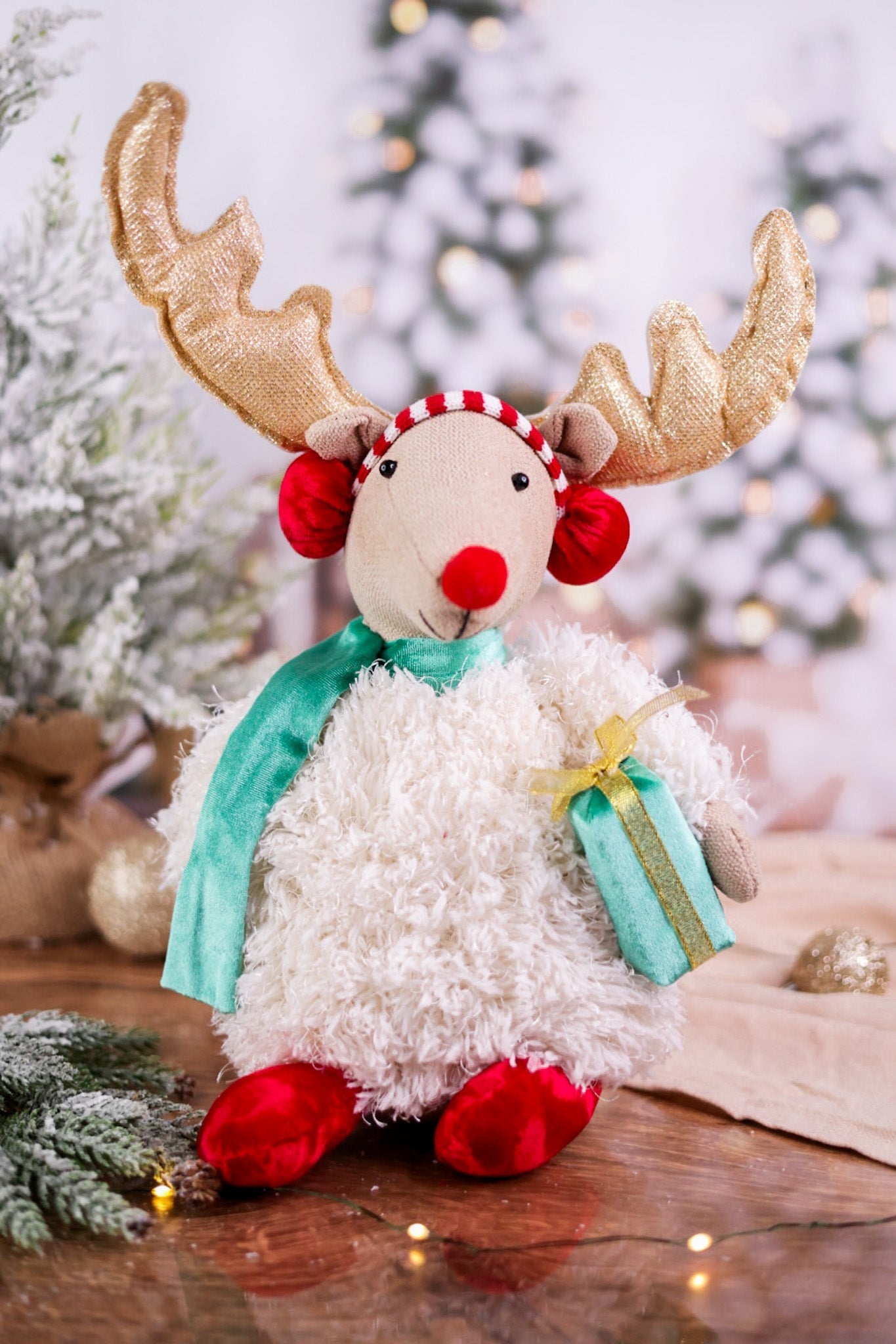 Plush Reindeer Sitter with Christmas Gift - Whiskey Skies - MELROSE INTL