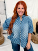 Polka Dot Denim Button Front Top With Cuffed Sleeves - Whiskey Skies - HEIMISH