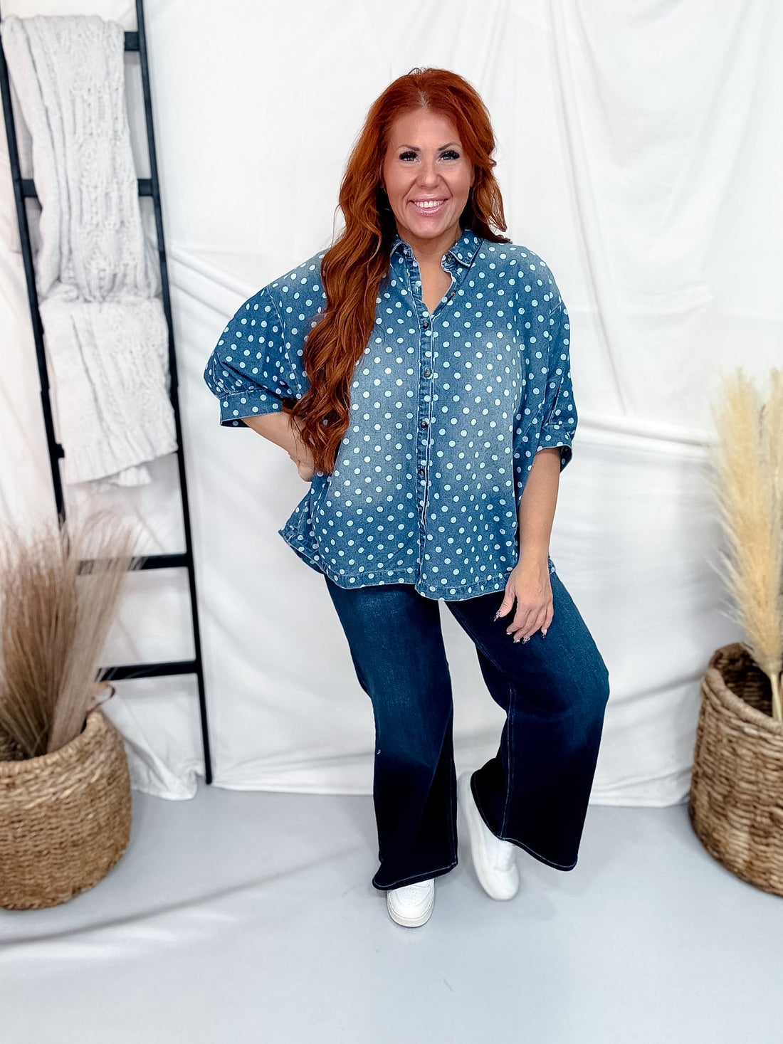 Polka Dot Denim Button Front Top With Cuffed Sleeves - Whiskey Skies - HEIMISH