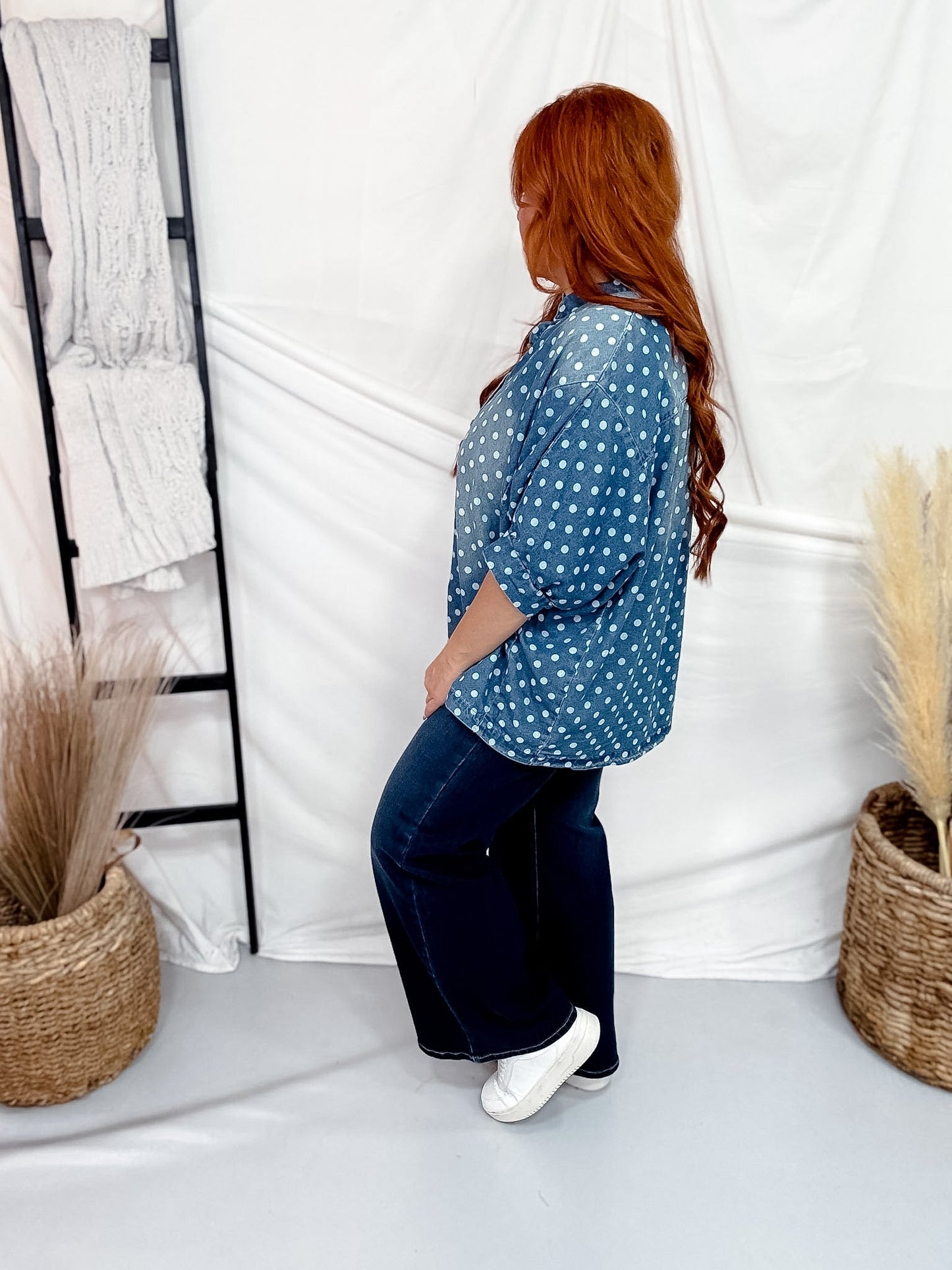 Polka Dot Denim Button Front Top With Cuffed Sleeves - Whiskey Skies - HEIMISH