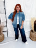 Polka Dot Denim Button Front Top With Cuffed Sleeves - Whiskey Skies - HEIMISH