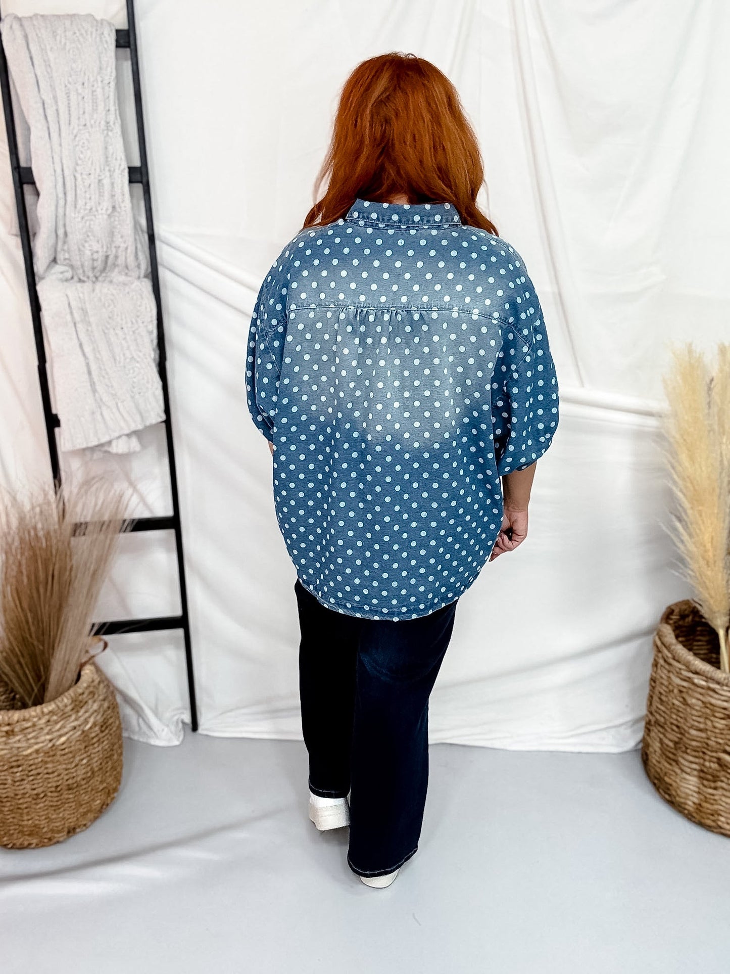 Polka Dot Denim Button Front Top With Cuffed Sleeves - Whiskey Skies - HEIMISH