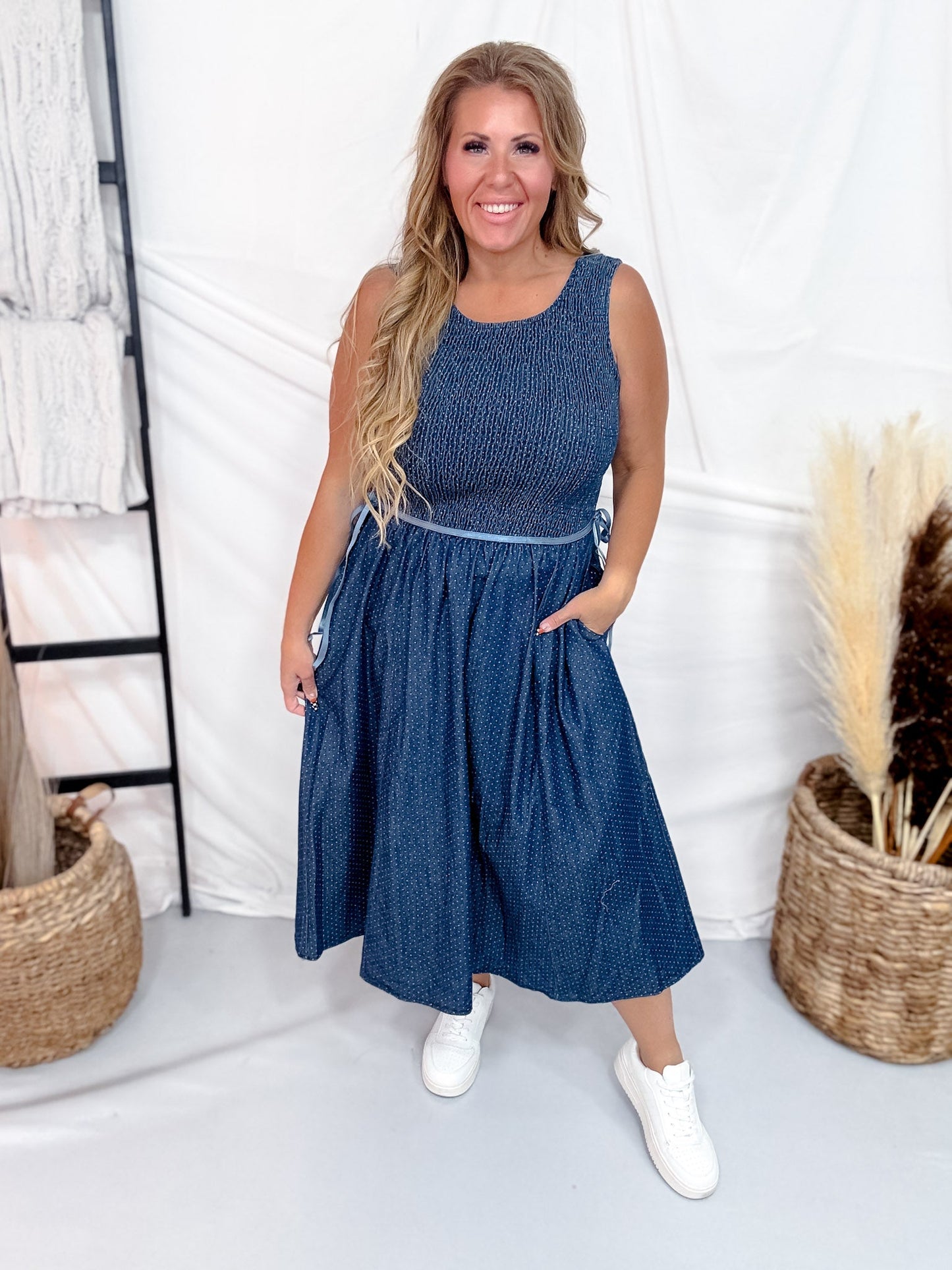 Polka Dot Denim Midi Dress With Smocked Bodice - Whiskey Skies - POLAGRAM + BAEVELY