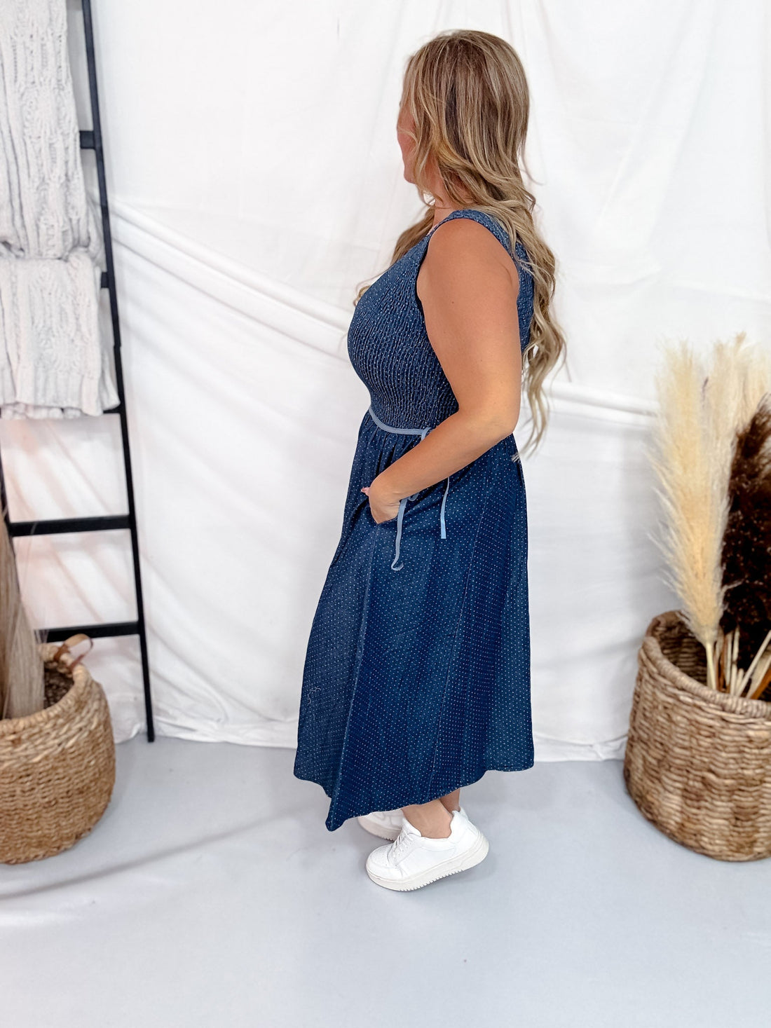 Polka Dot Denim Midi Dress With Smocked Bodice - Whiskey Skies - POLAGRAM + BAEVELY