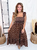 Polka Dot Midi Dress With Ruffle Straps In Mocha - Whiskey Skies - STERLING KREEK