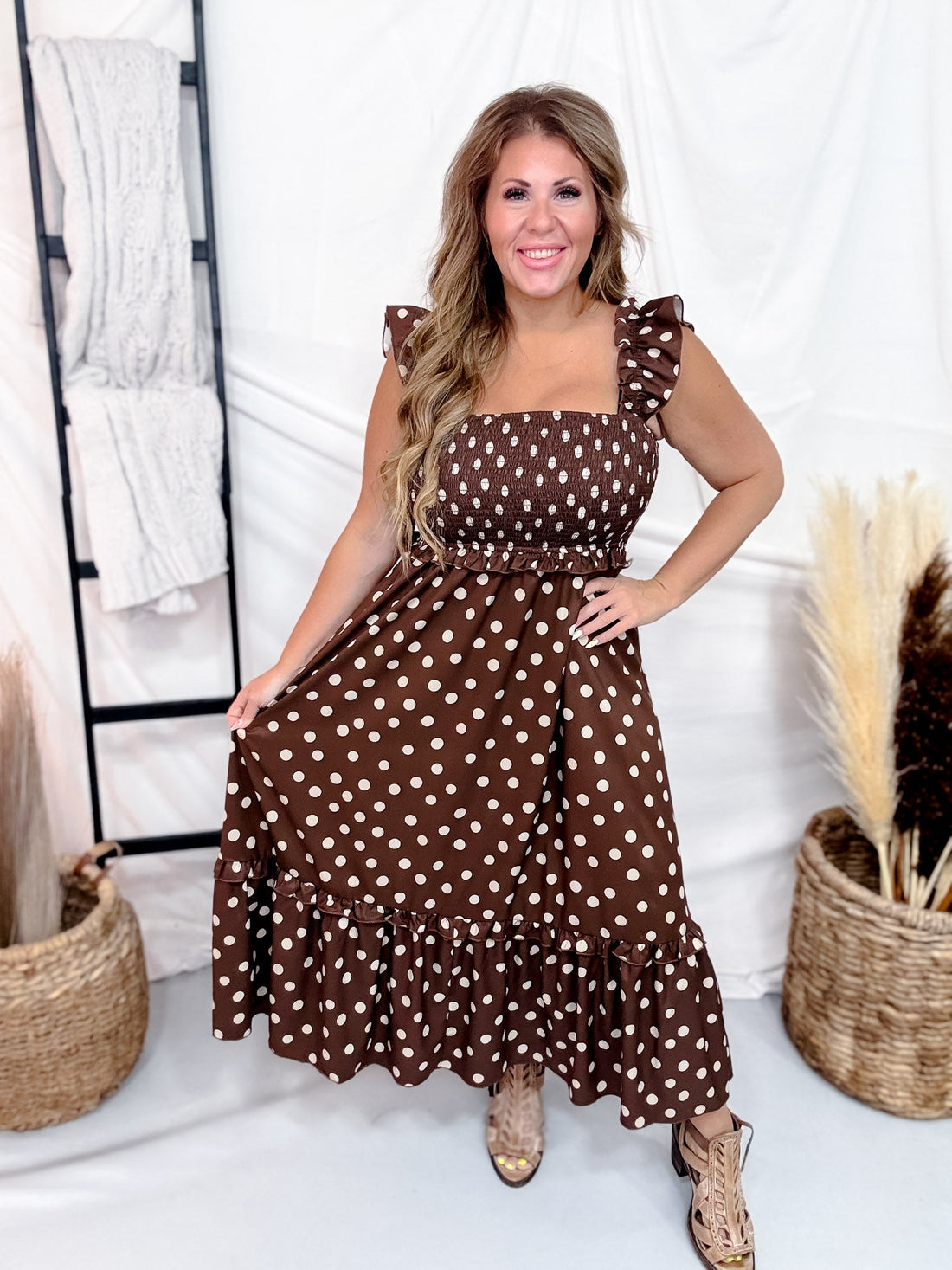 Polka Dot Midi Dress With Ruffle Straps In Mocha - Whiskey Skies - STERLING KREEK