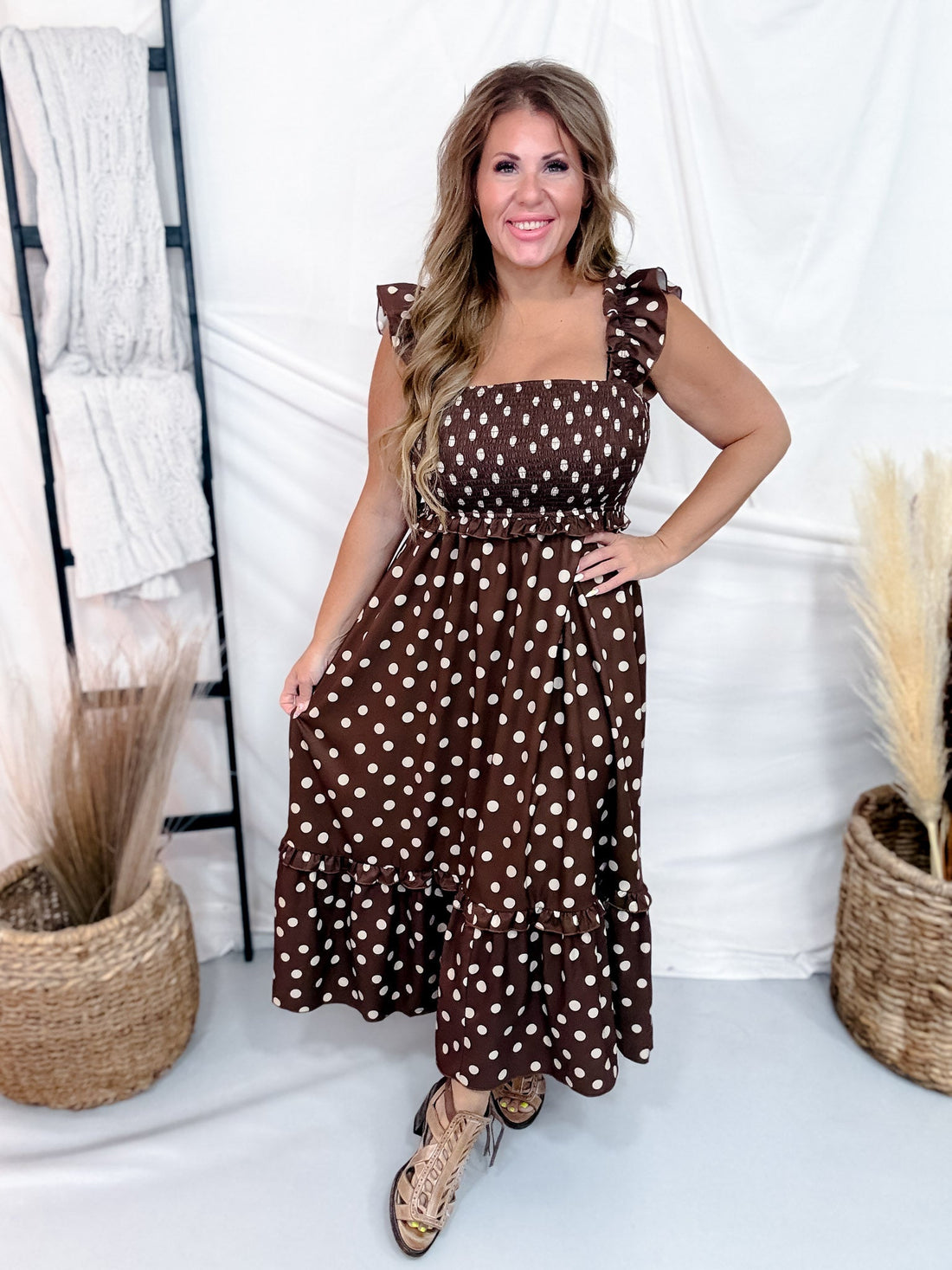 Polka Dot Midi Dress With Ruffle Straps In Mocha - Whiskey Skies - STERLING KREEK