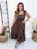 Polka Dot Midi Dress With Ruffle Straps In Mocha - Whiskey Skies - STERLING KREEK