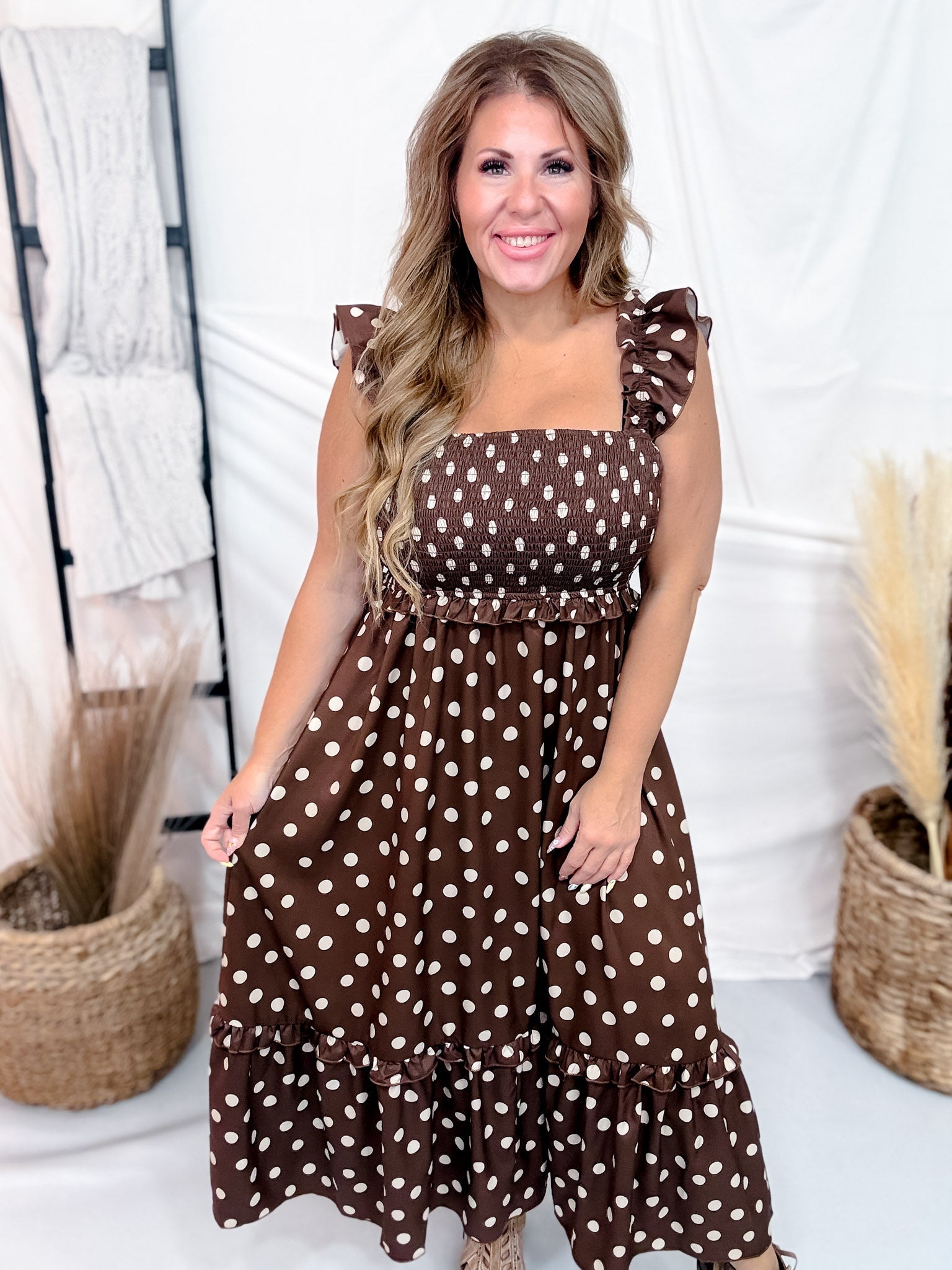 brown polka dot dress midi With Ruffle Straps In Mocha – Whiskey Skies Mini dress
